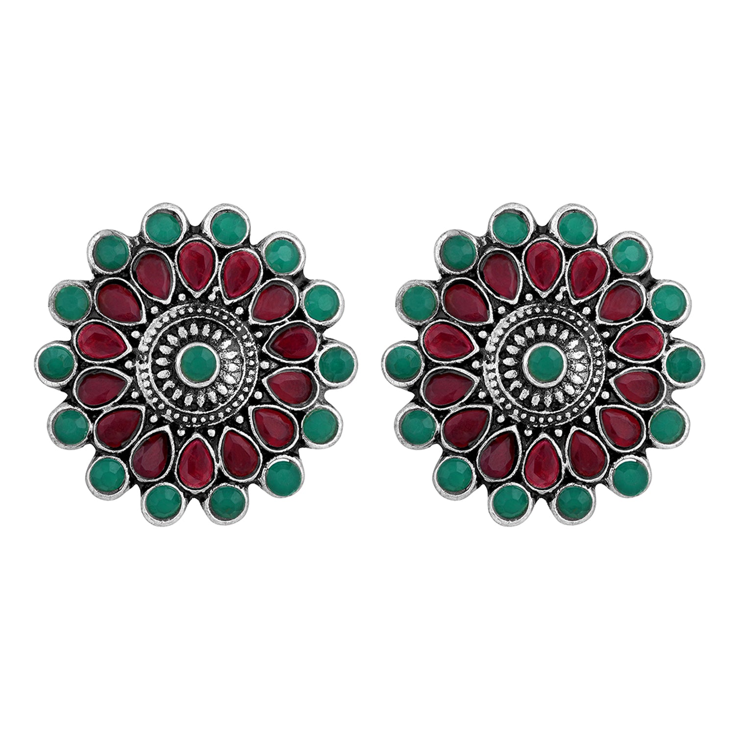 Gold Plated Ruby & Green Floral Traditional Stud Earrings