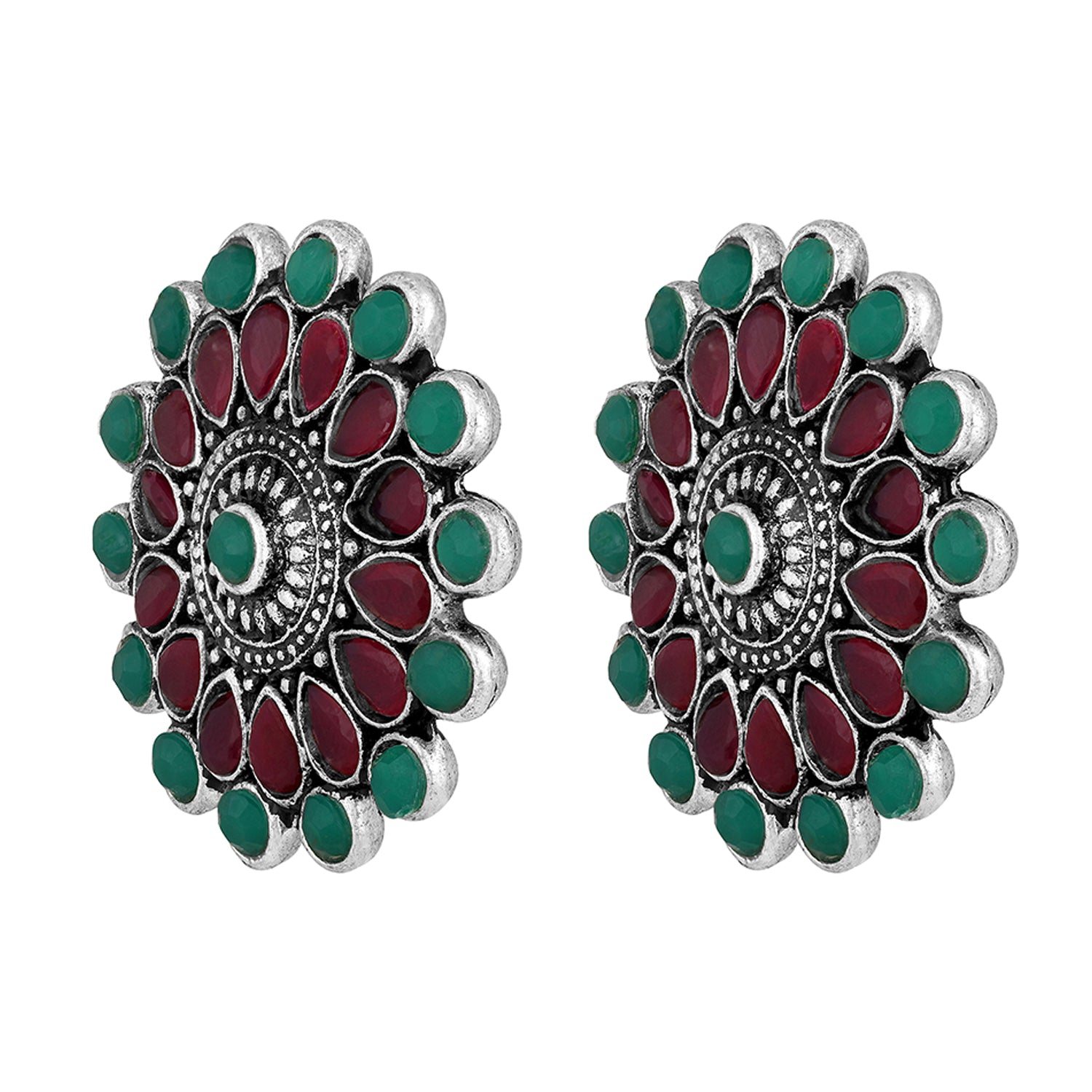 Gold Plated Ruby & Green Floral Traditional Stud Earrings