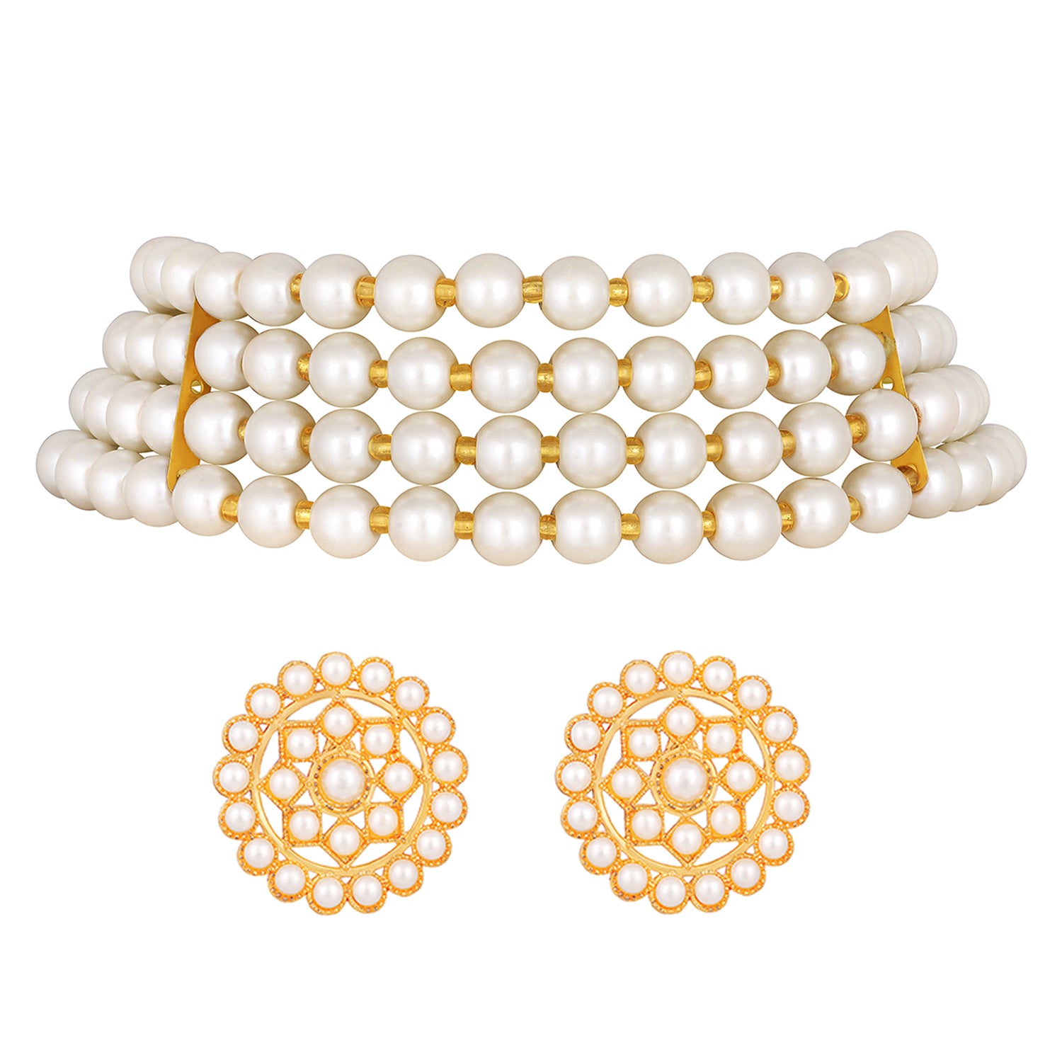 Gold Plated White Pearl Choker Necklace Set