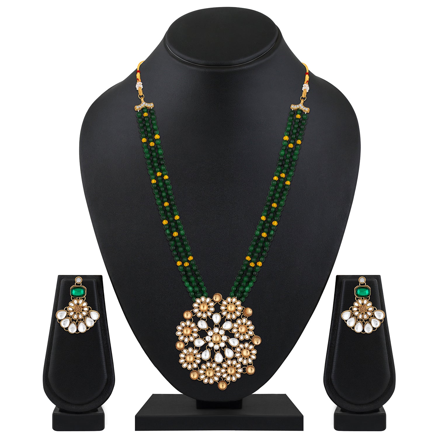 Gold Plated Multi Strand Green Necklace Set