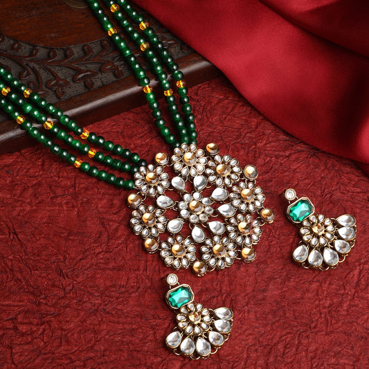 Gold Plated Multi Strand Green Necklace Set