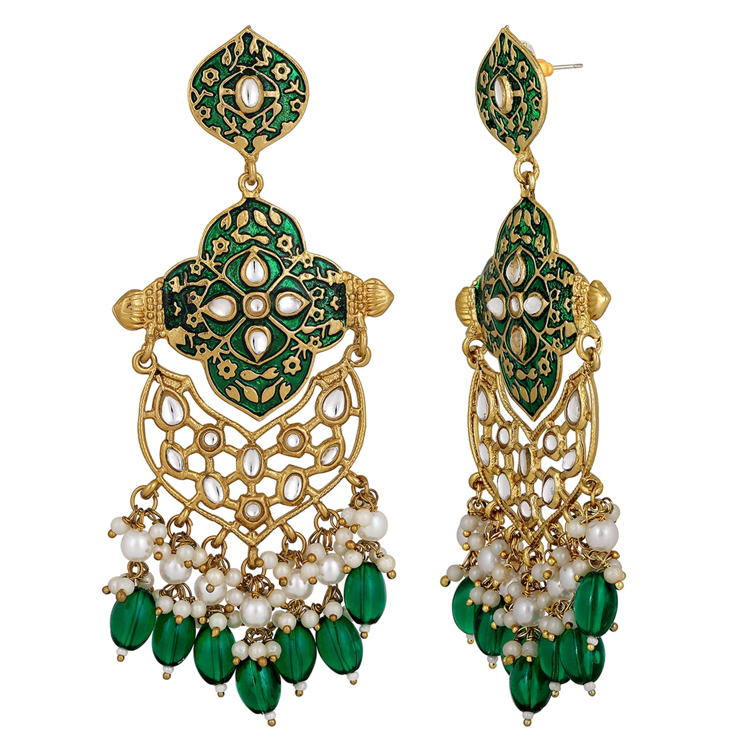 Green & White Kundan Meenakari Work Dangle Earrings