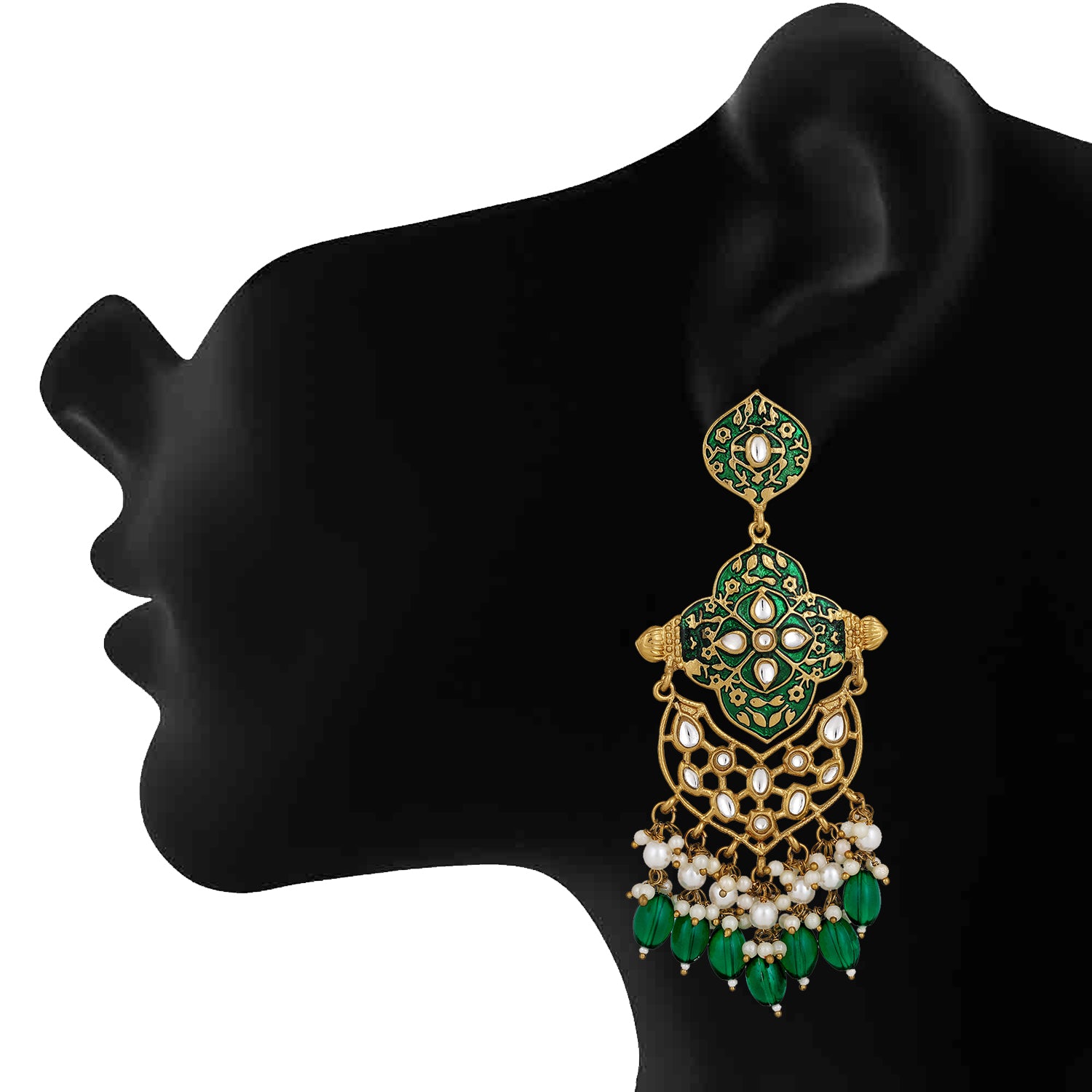 Green & White Kundan Meenakari Work Dangle Earrings