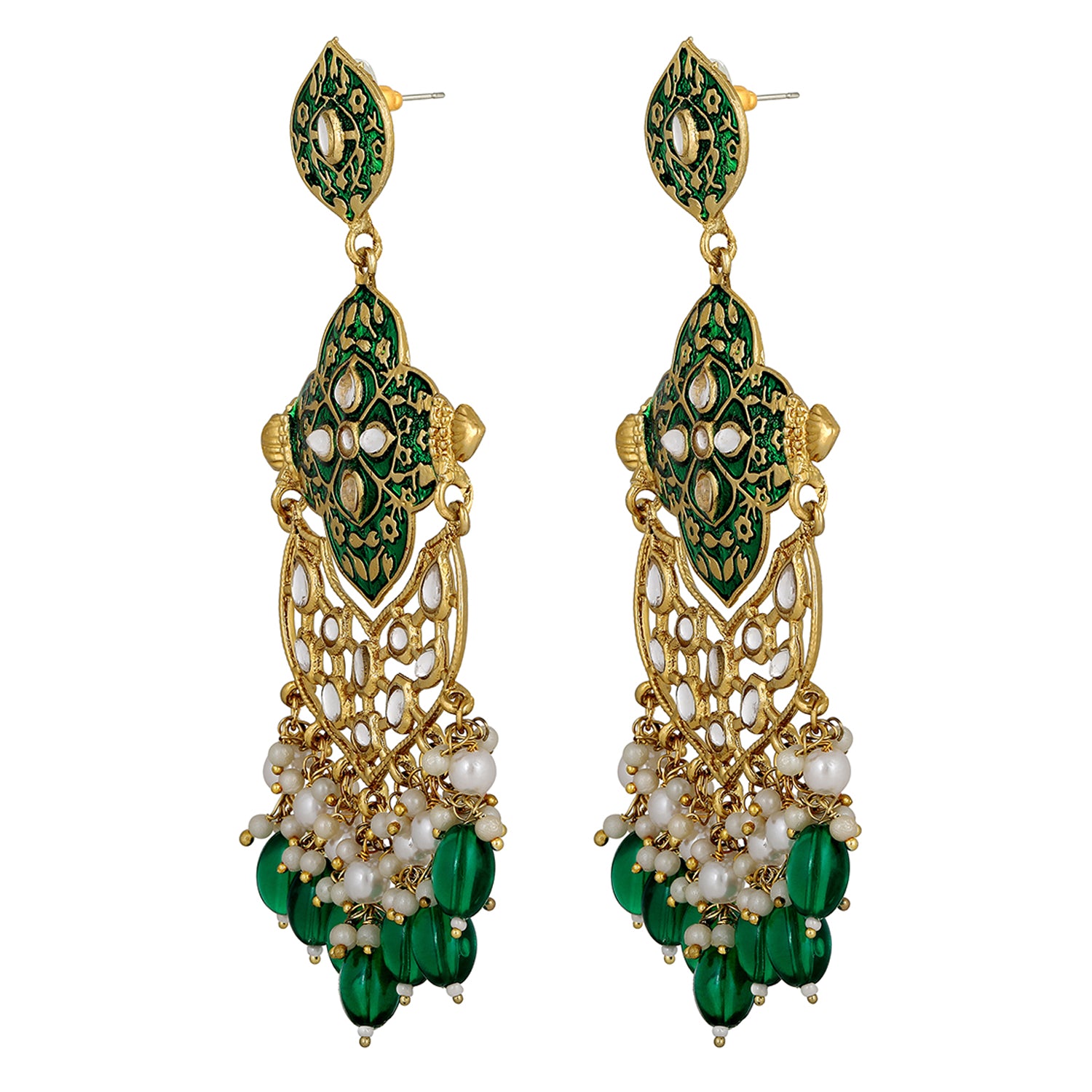 Green & White Kundan Meenakari Work Dangle Earrings