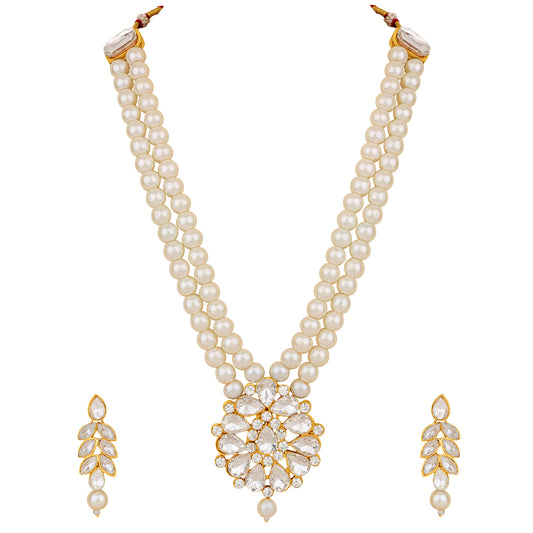 Gold Plated White Kundan Long Necklace Set