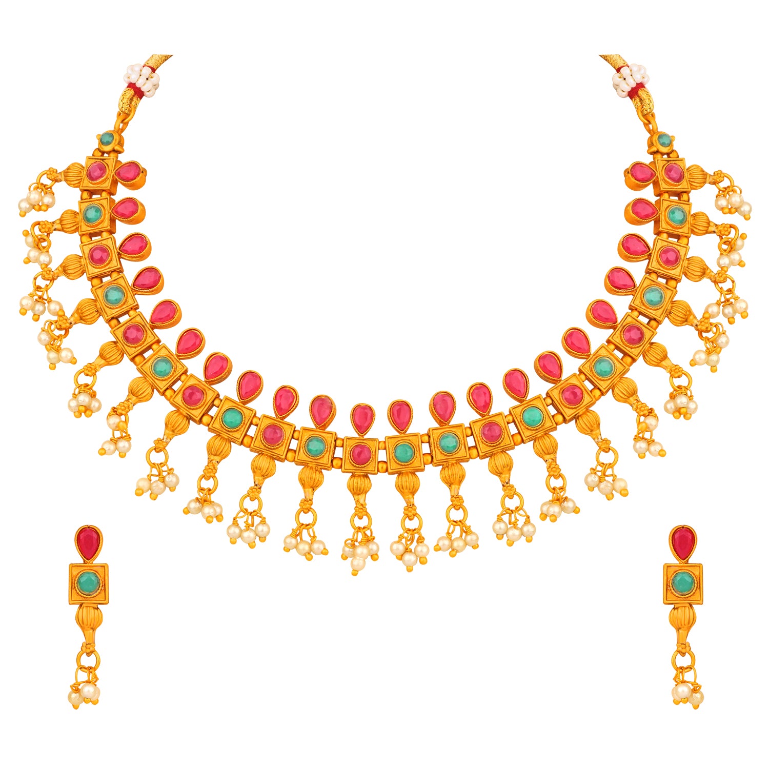 Matt Gold Plated Multicolor Traditional Choker Necklace Set