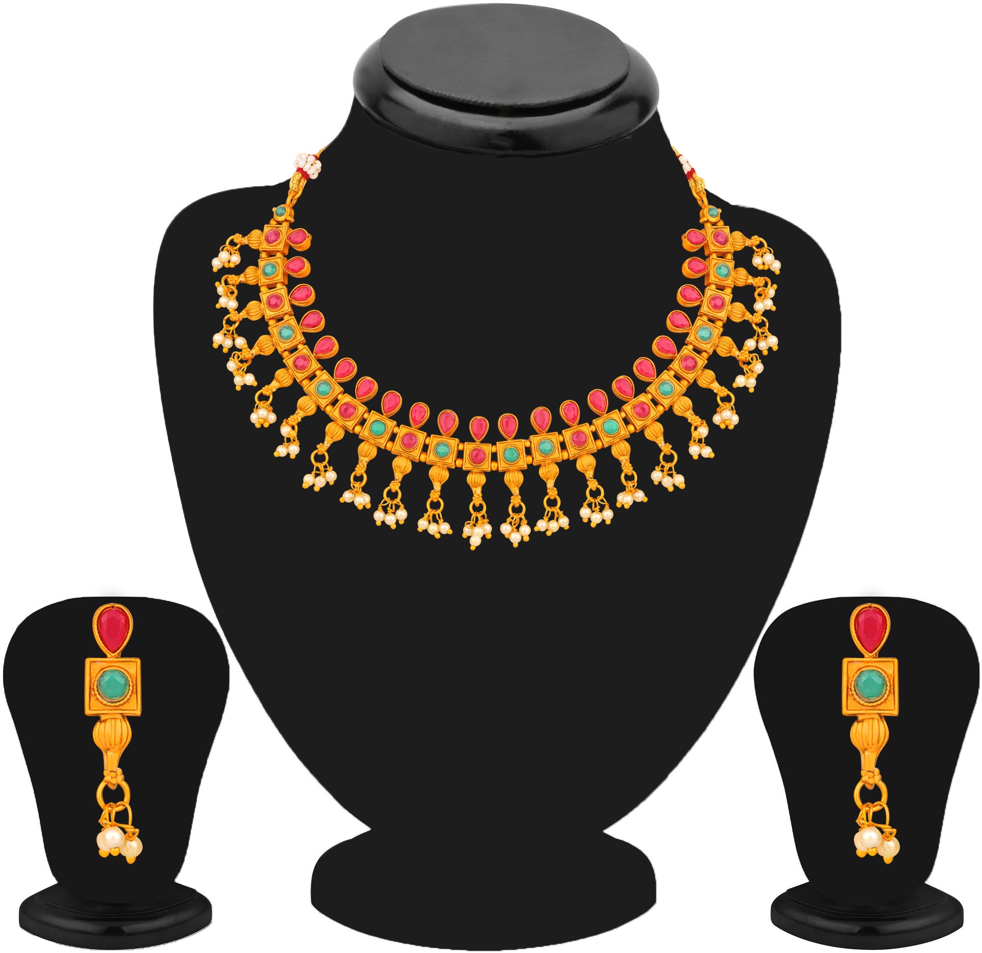 Matt Gold Plated Multicolor Traditional Choker Necklace Set