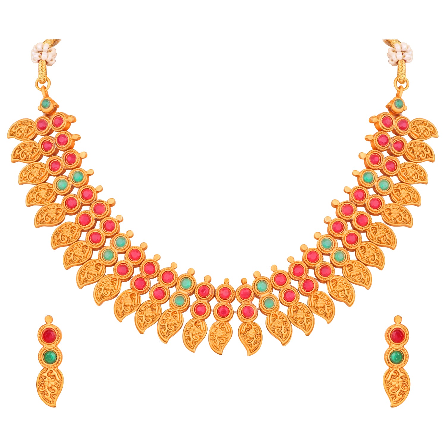 Matt Gold Plated Leaf Shaped Multicolor Traditional Choker Necklace Set