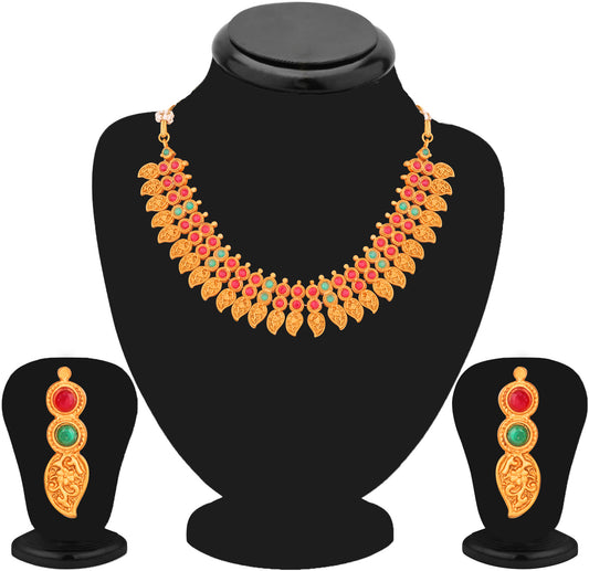 Matt Gold Plated Leaf Shaped Multicolor Traditional Choker Necklace Set