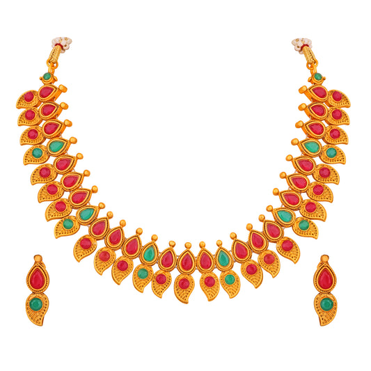 Red & Green Leaf Shaped Multicolor Traditional Choker Necklace Set