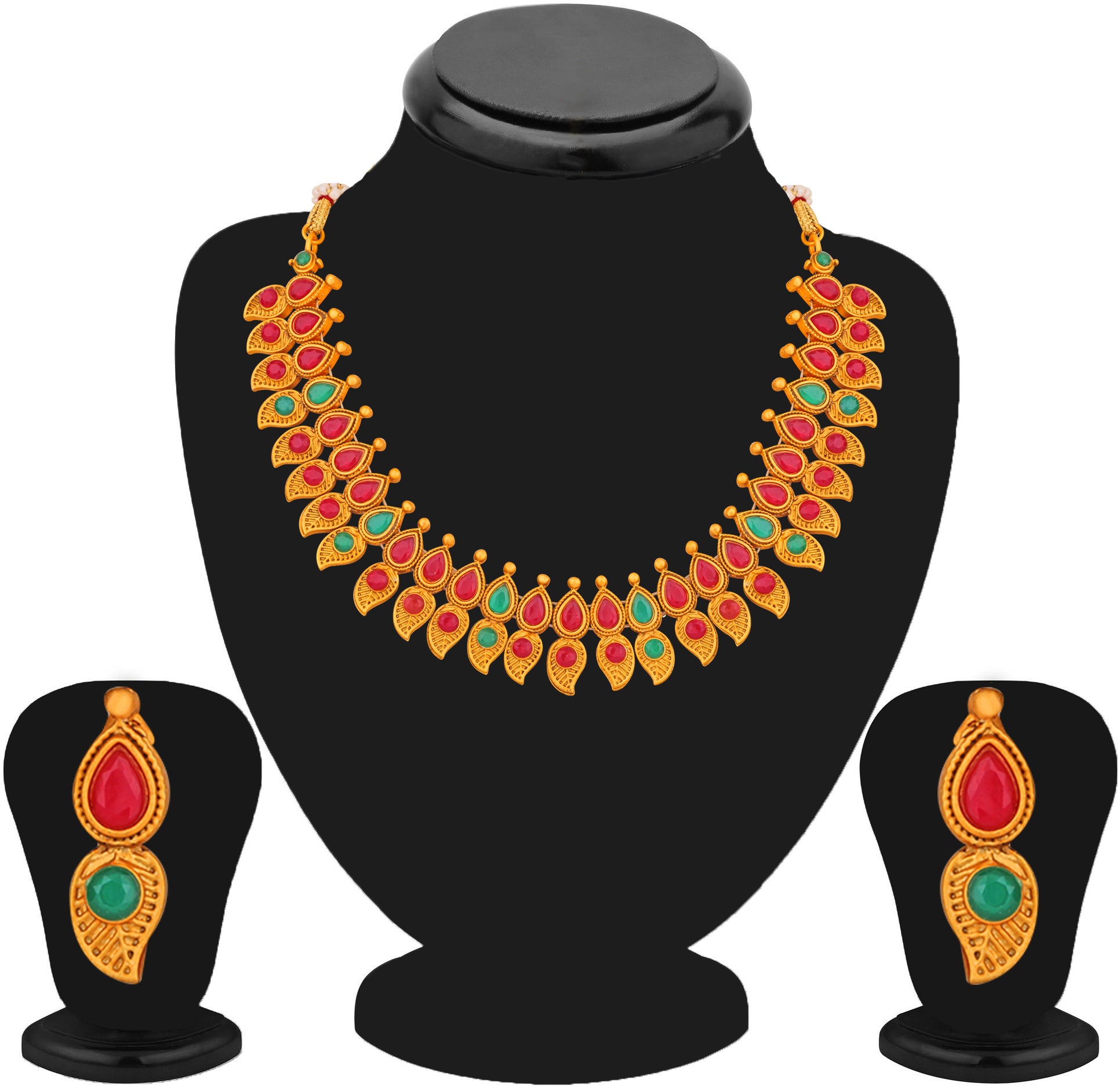 Red & Green Leaf Shaped Multicolor Traditional Choker Necklace Set