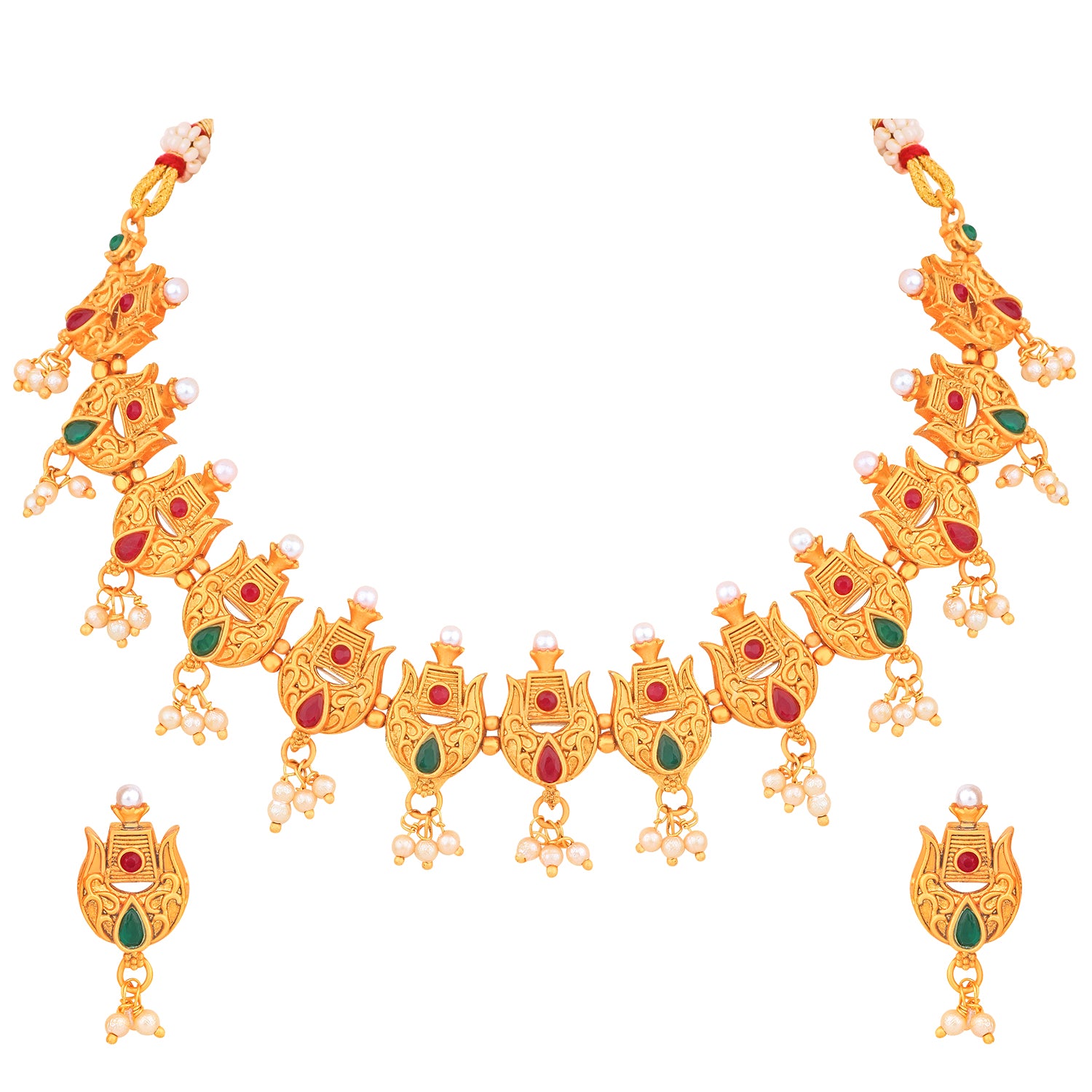 Red & Green Leaf Shaped Multicolor Traditional Choker Necklace Set