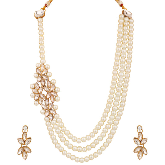Layered Long Necklace Set with White Kundan