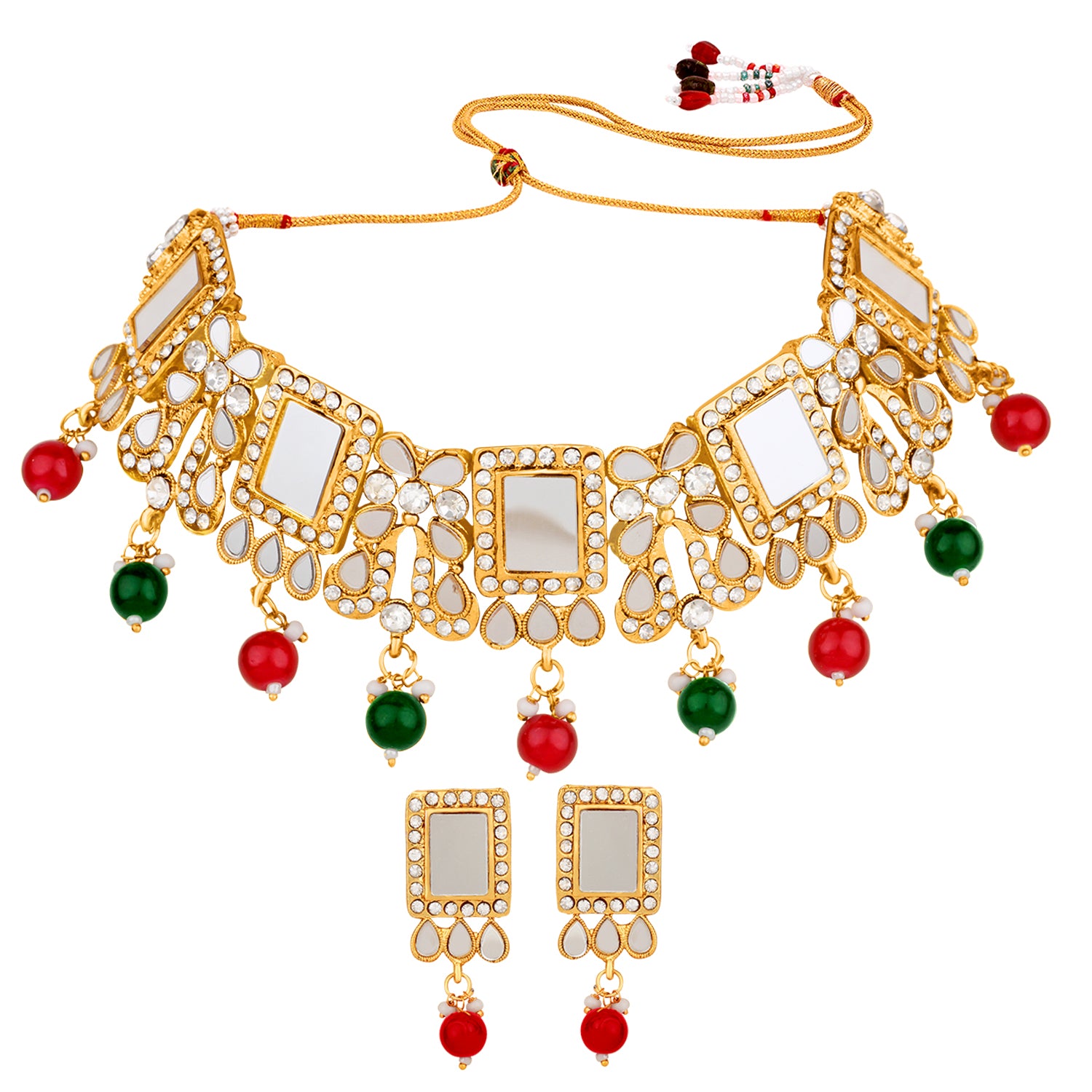 Red Green Kundan & White Mirror Stone Traditional Choker Necklace Set