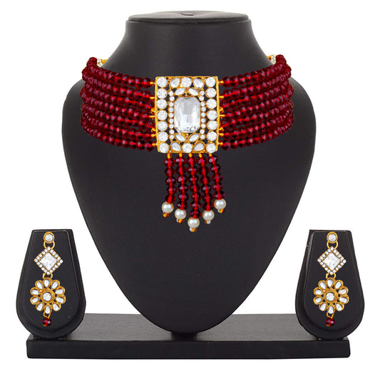 Maroon Kundan Gold Plated Traditional Choker Necklace Set