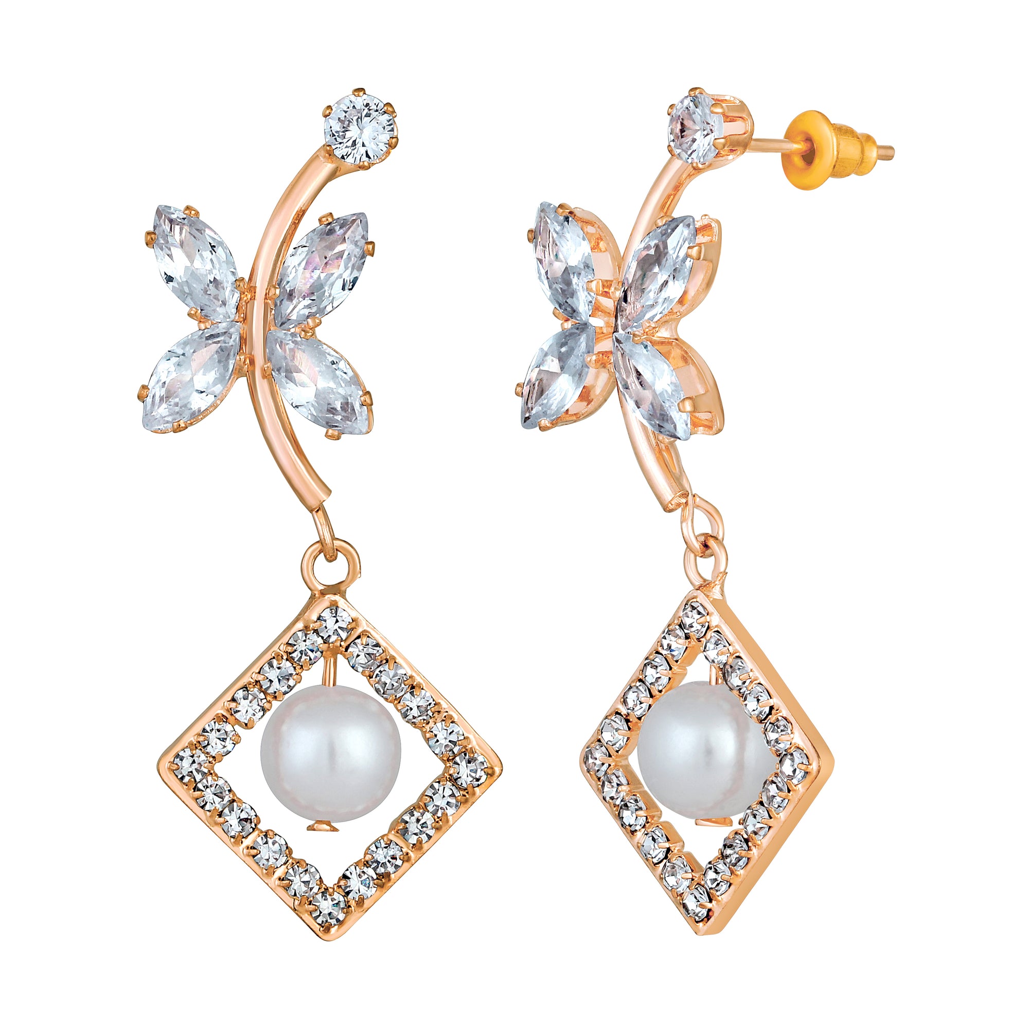 Butterfly Shaped American Diamond & Artificial Pearl Dangle Drop Earring
