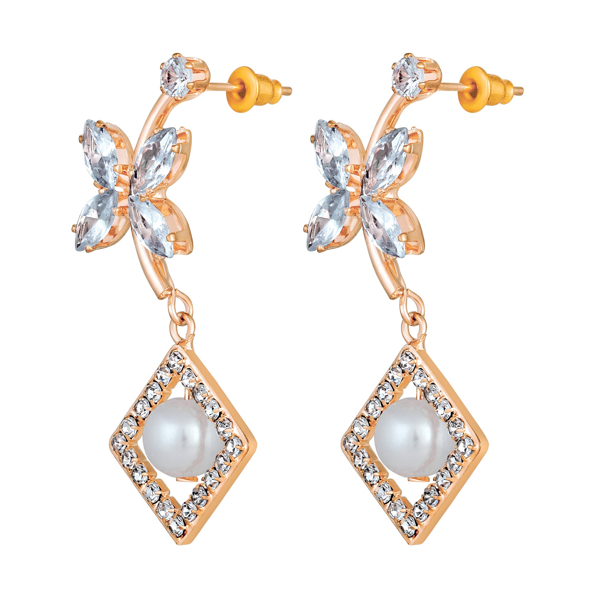 Butterfly Shaped American Diamond & Artificial Pearl Dangle Drop Earring
