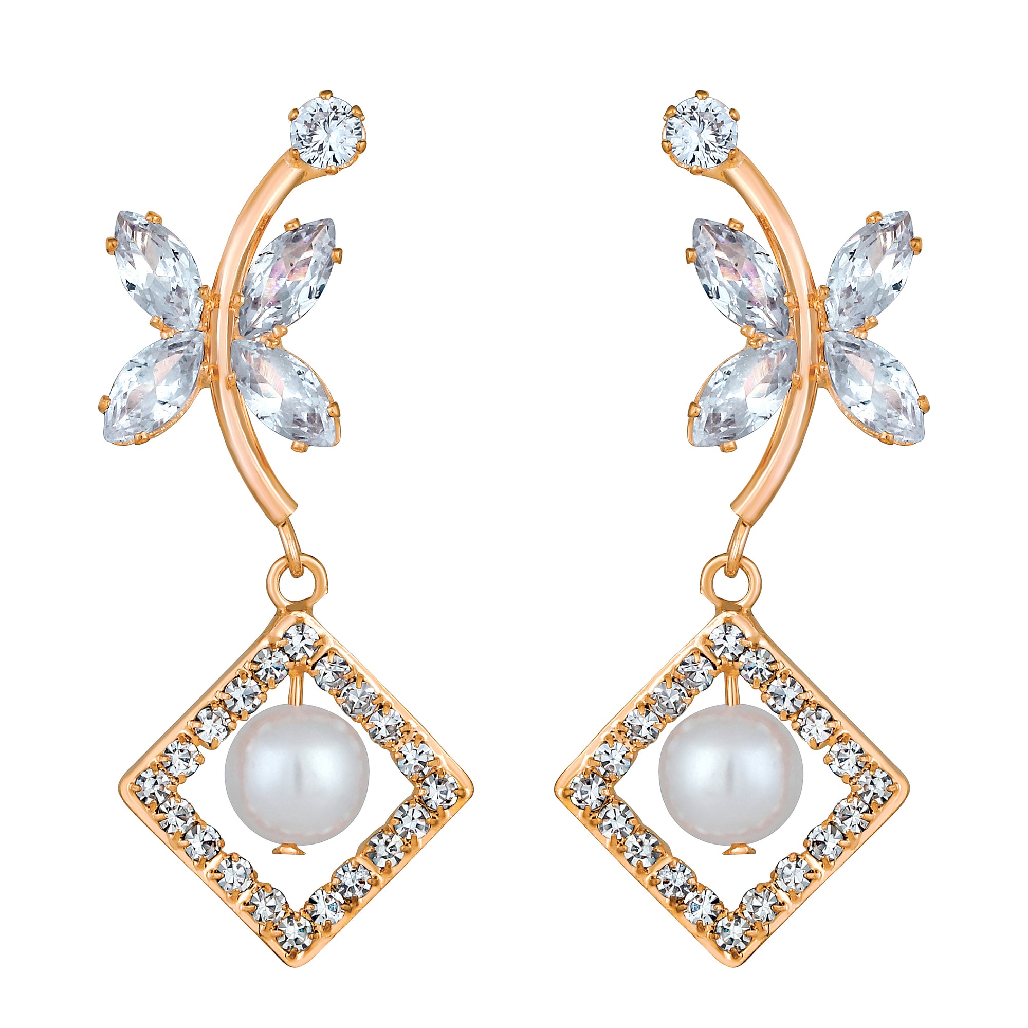 Butterfly Shaped American Diamond & Artificial Pearl Dangle Drop Earring