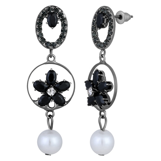 American Diamond & Artificial Pearl Floral Dangle Drop Earring