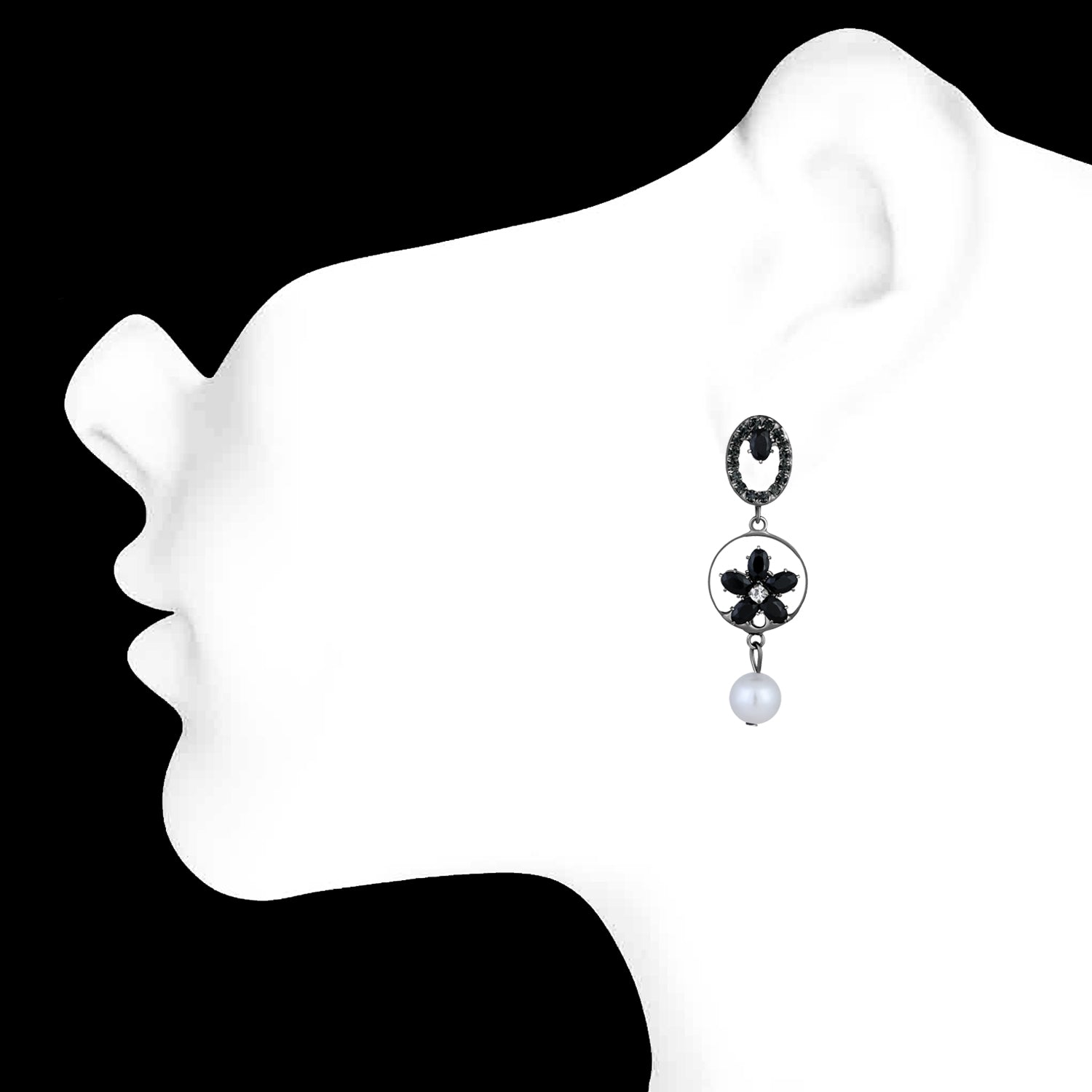 American Diamond & Artificial Pearl Floral Dangle Drop Earring