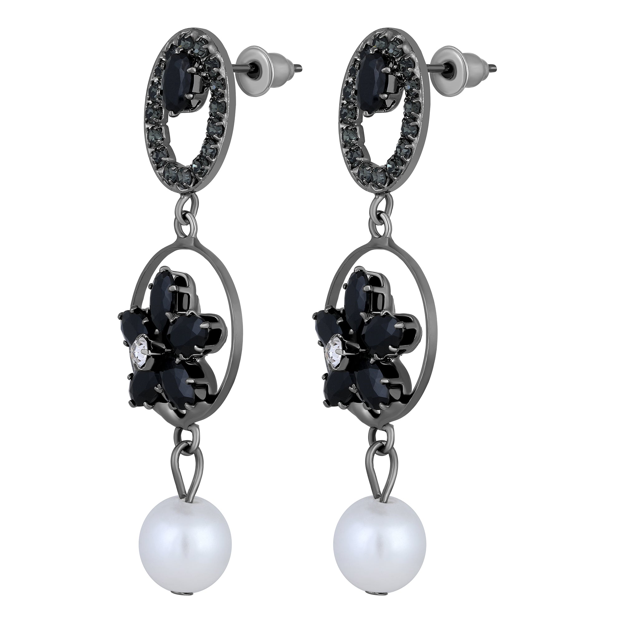 American Diamond & Artificial Pearl Floral Dangle Drop Earring