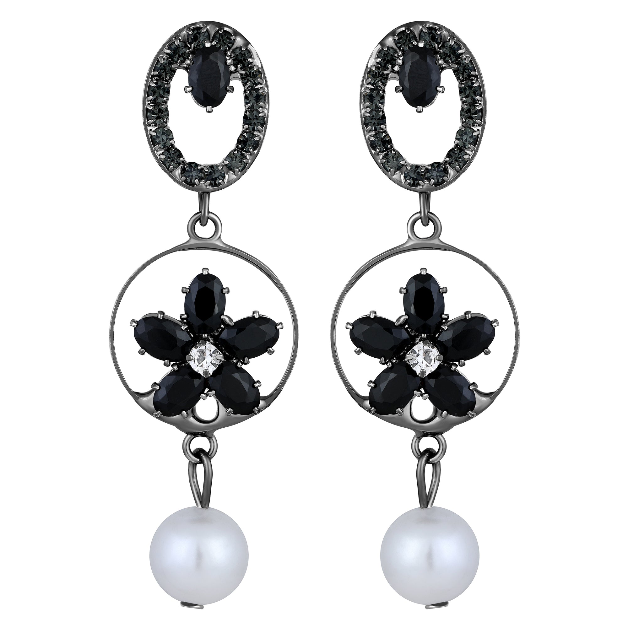 American Diamond & Artificial Pearl Floral Dangle Drop Earring