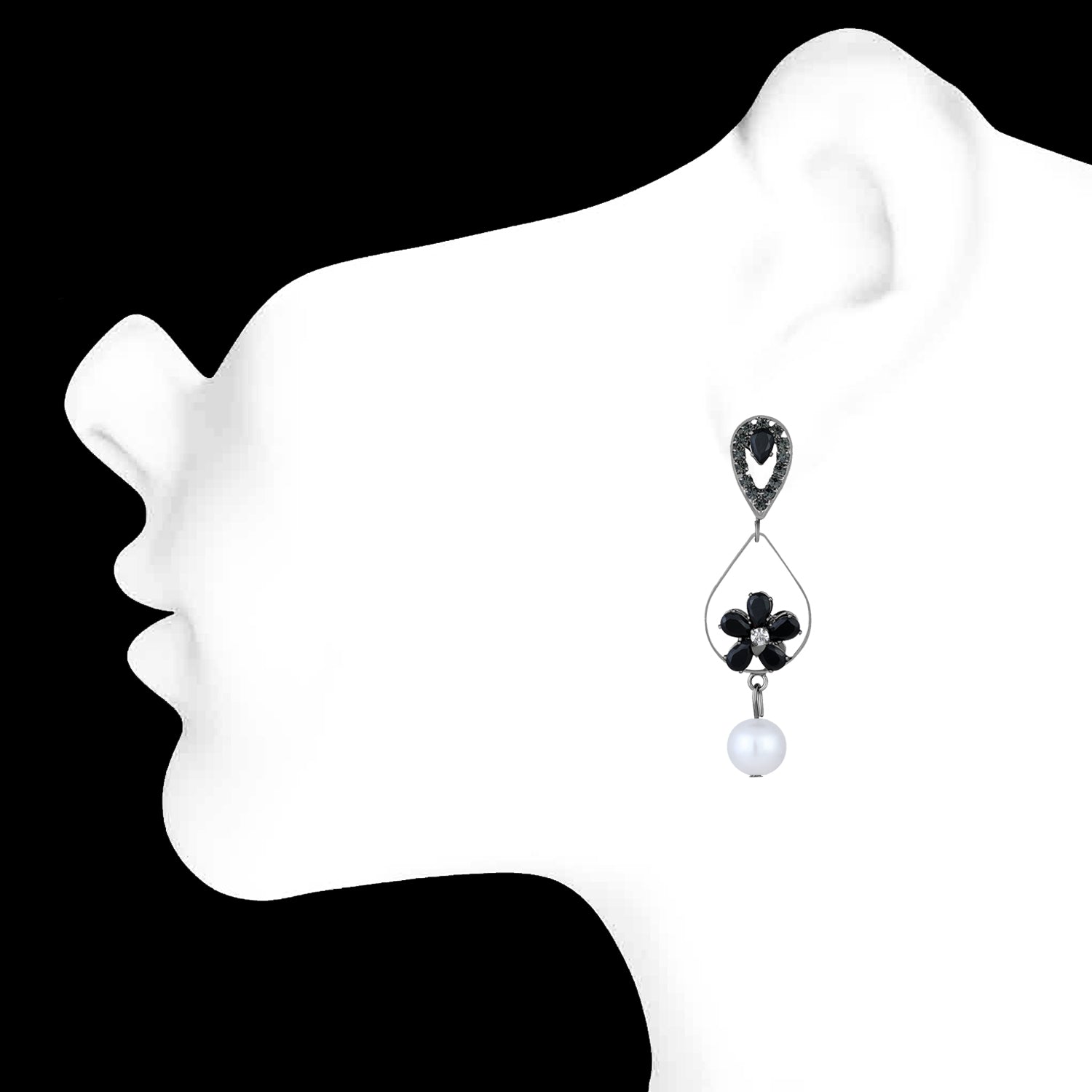 American Diamond & Artificial Pearl Floral Dangle Drop Earring