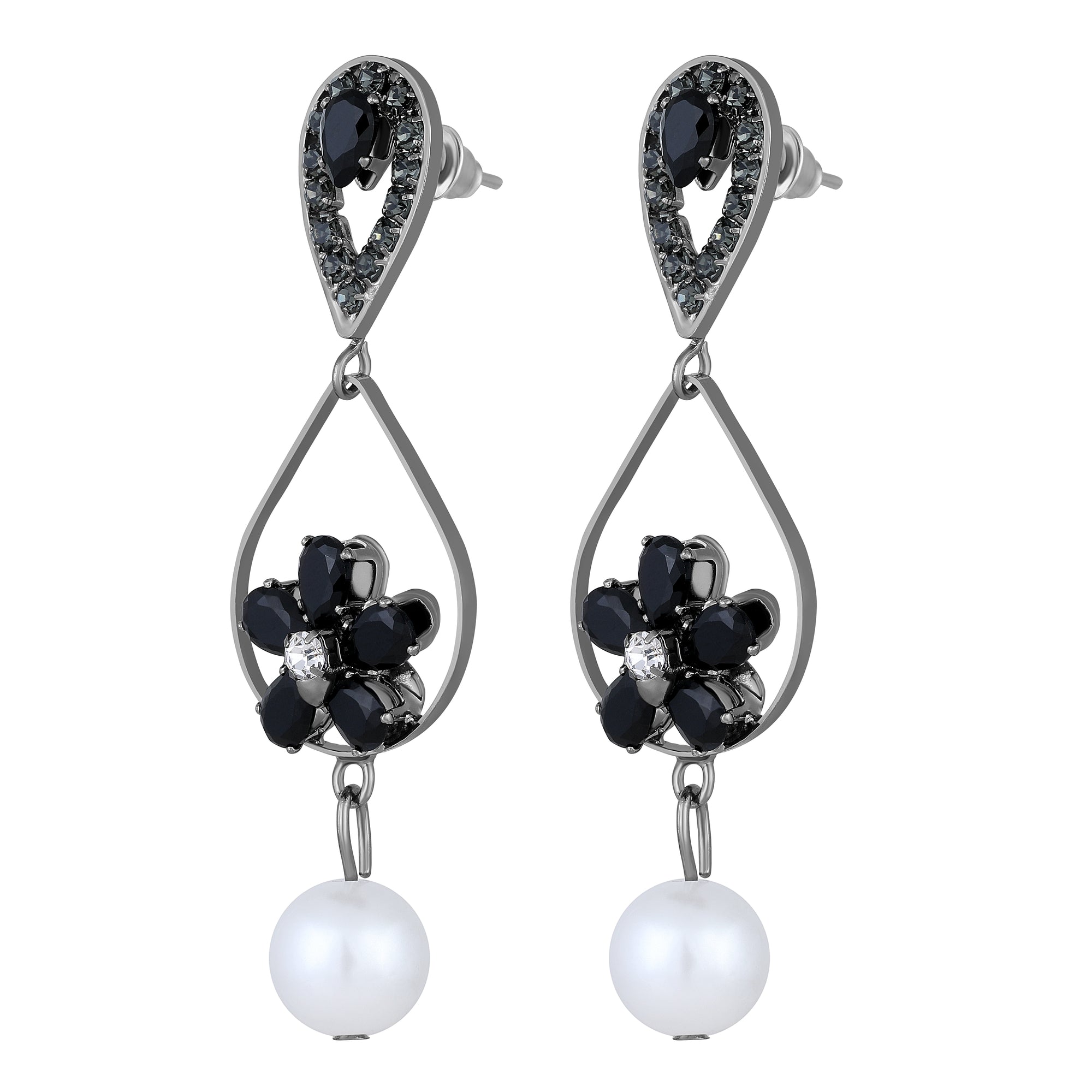 American Diamond & Artificial Pearl Floral Dangle Drop Earring