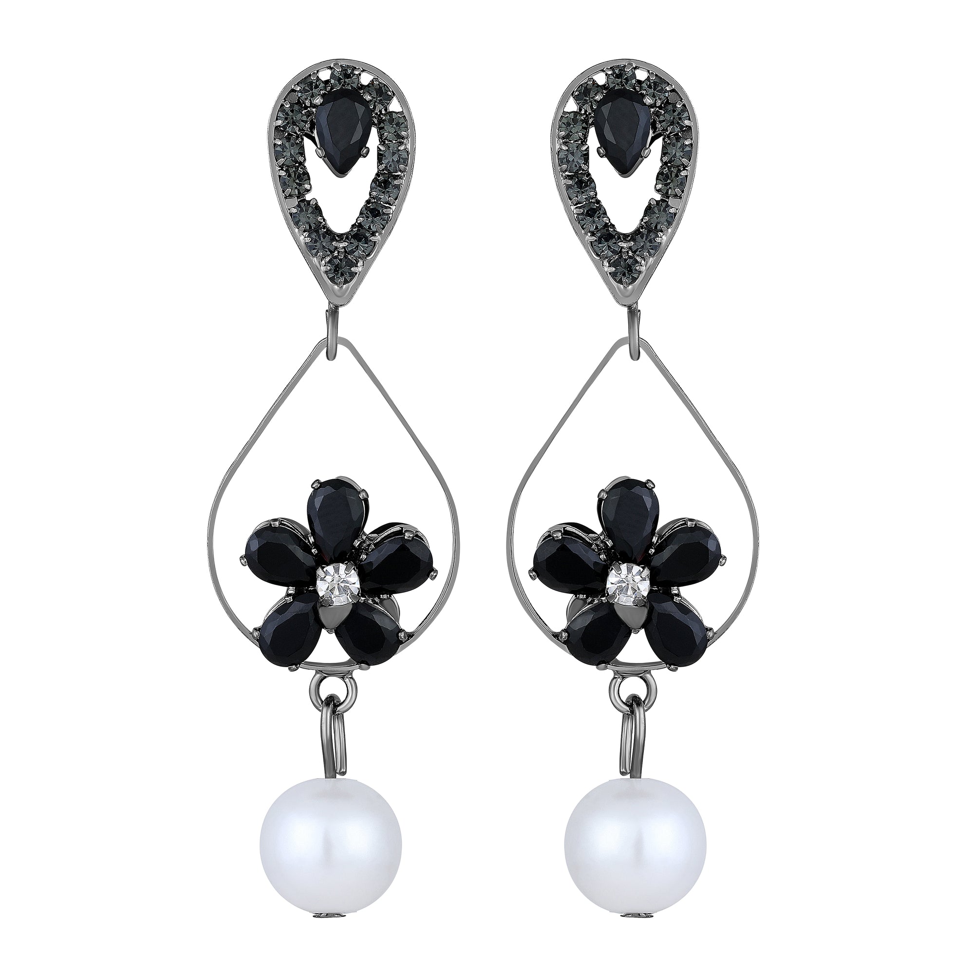 American Diamond & Artificial Pearl Floral Dangle Drop Earring