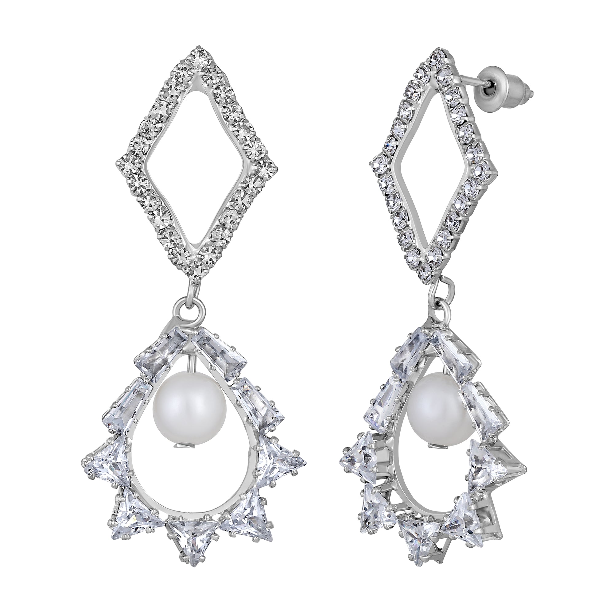 White AD Stone & Artificial Pearl Dangle Drop Earring