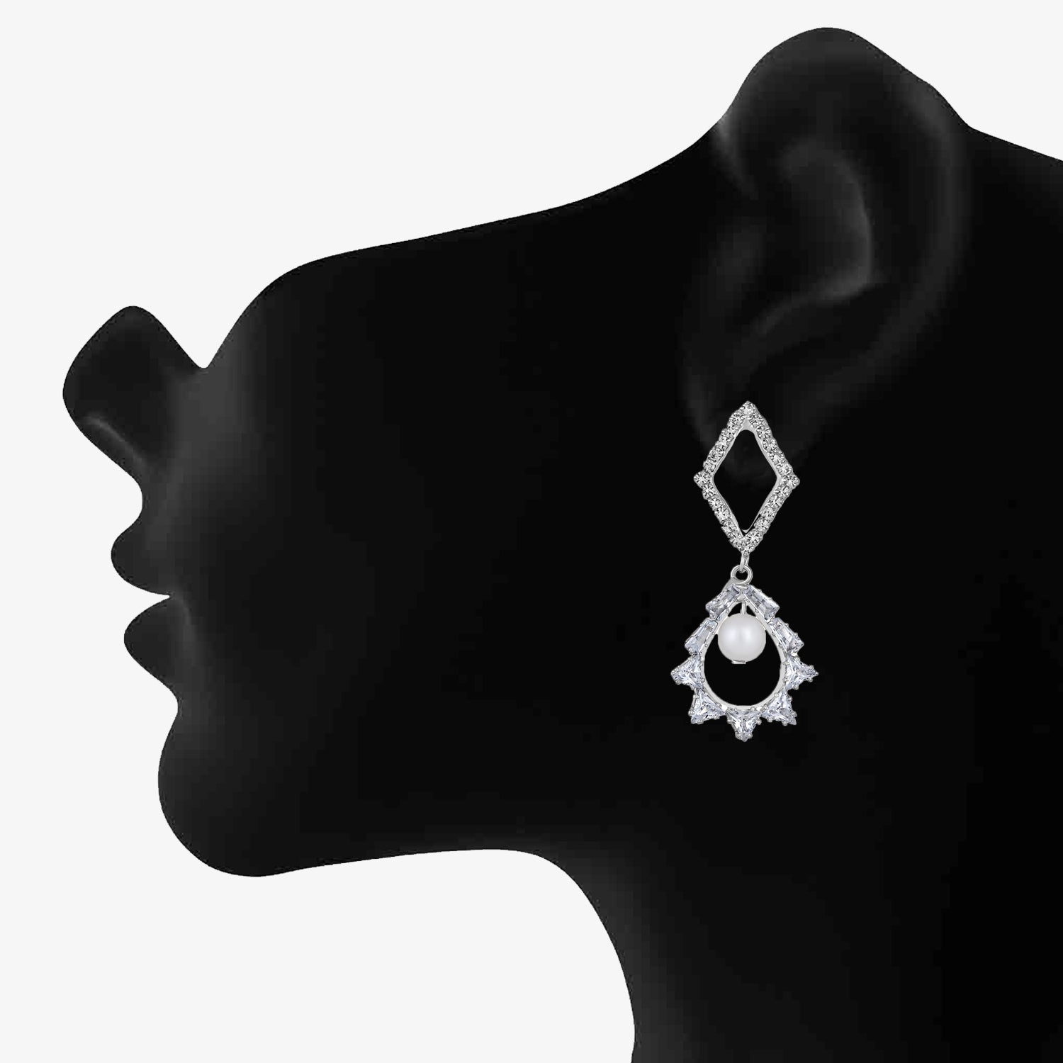 White AD Stone & Artificial Pearl Dangle Drop Earring