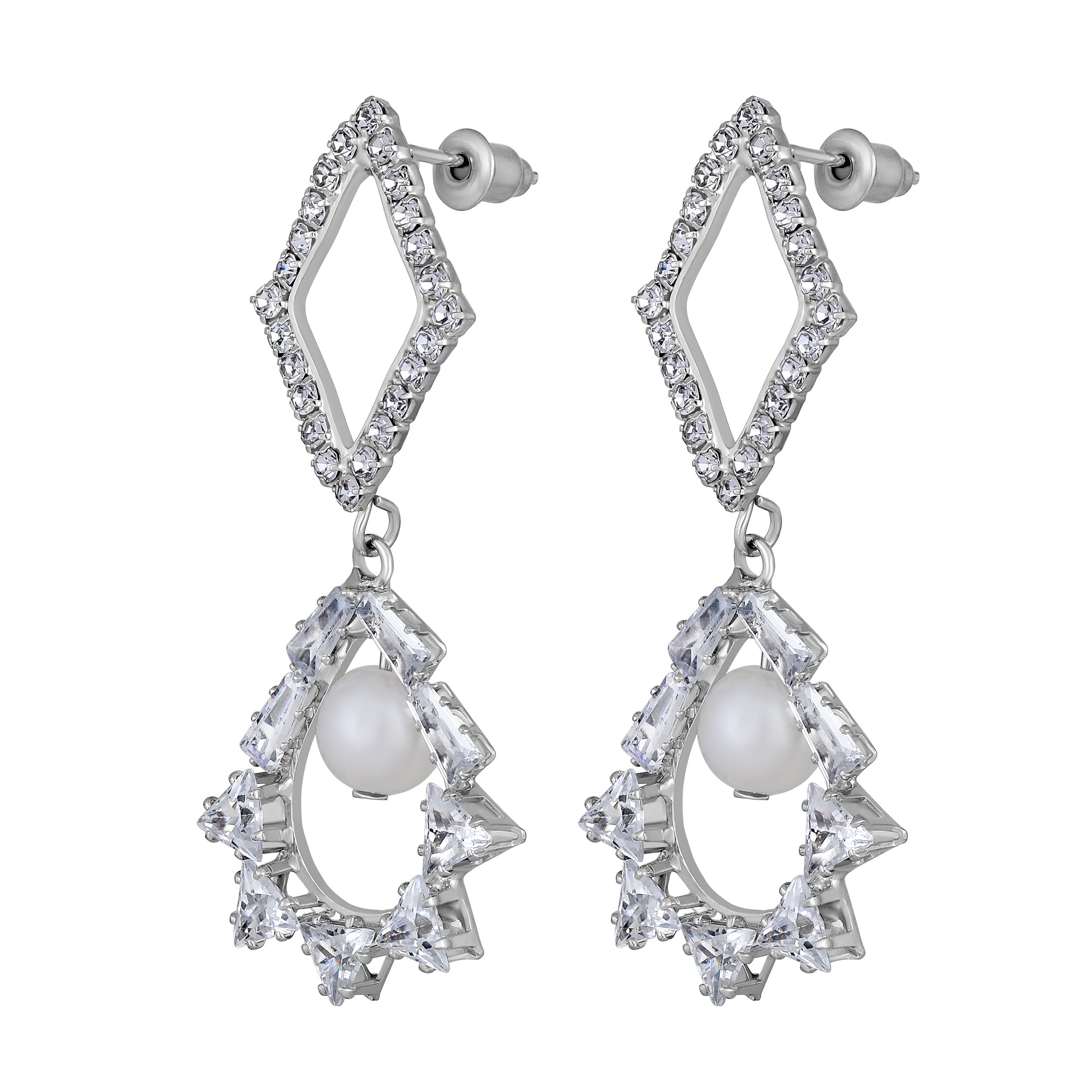 White AD Stone & Artificial Pearl Dangle Drop Earring