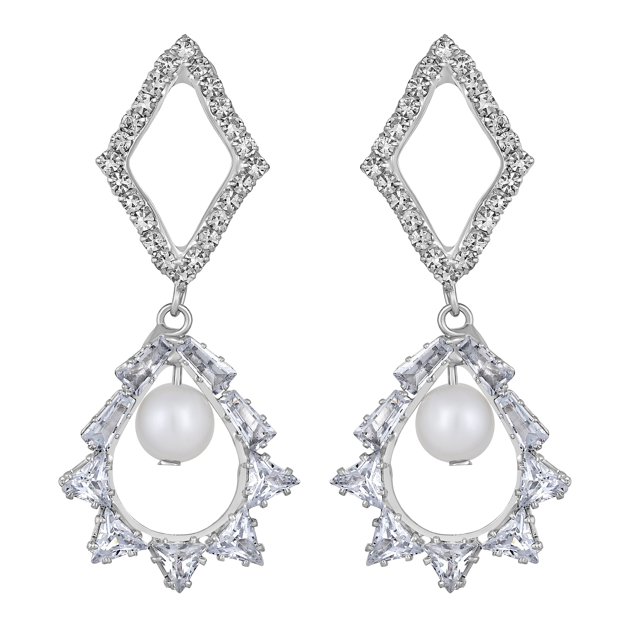 White AD Stone & Artificial Pearl Dangle Drop Earring