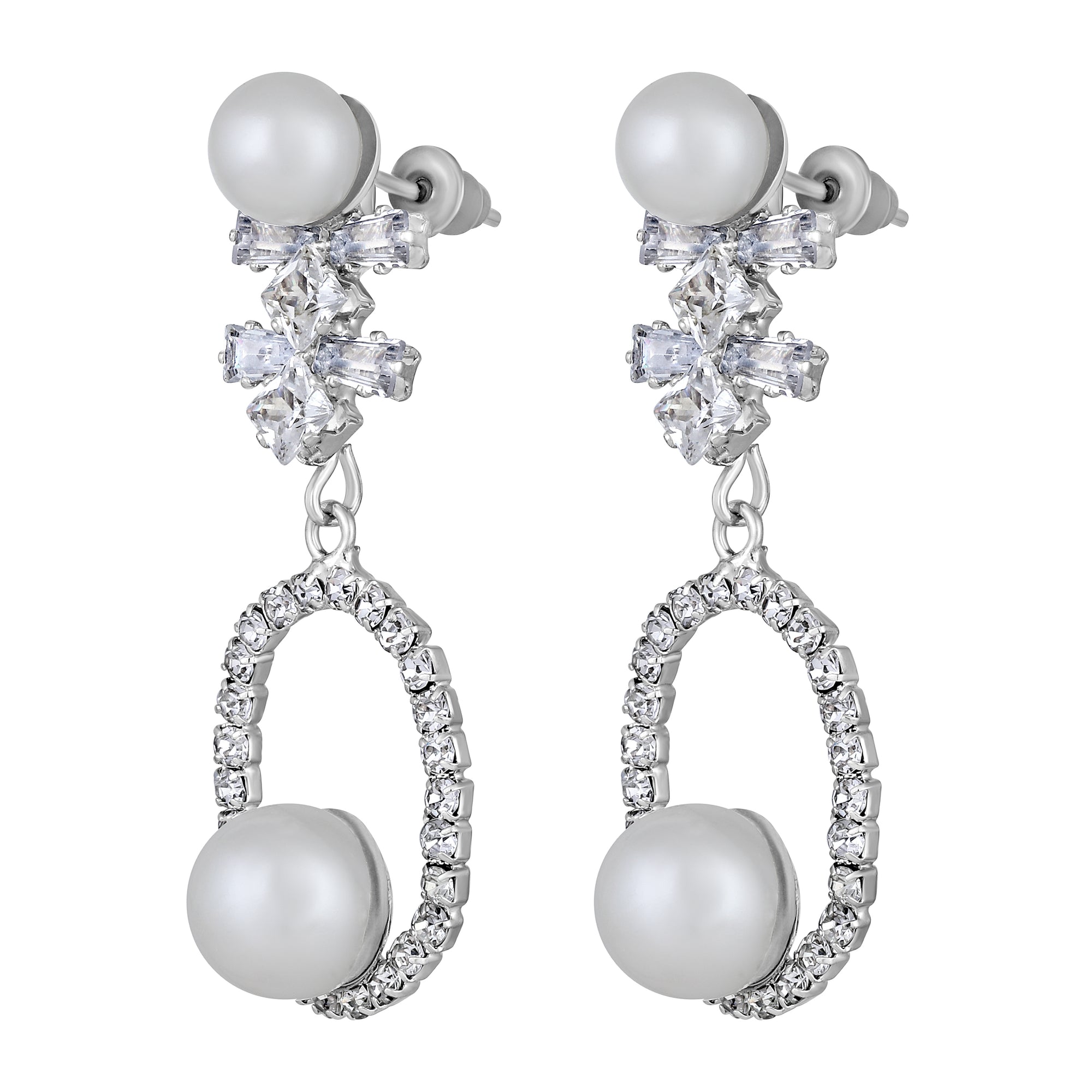 White AD Stone & Artificial Pearl Drop Earring