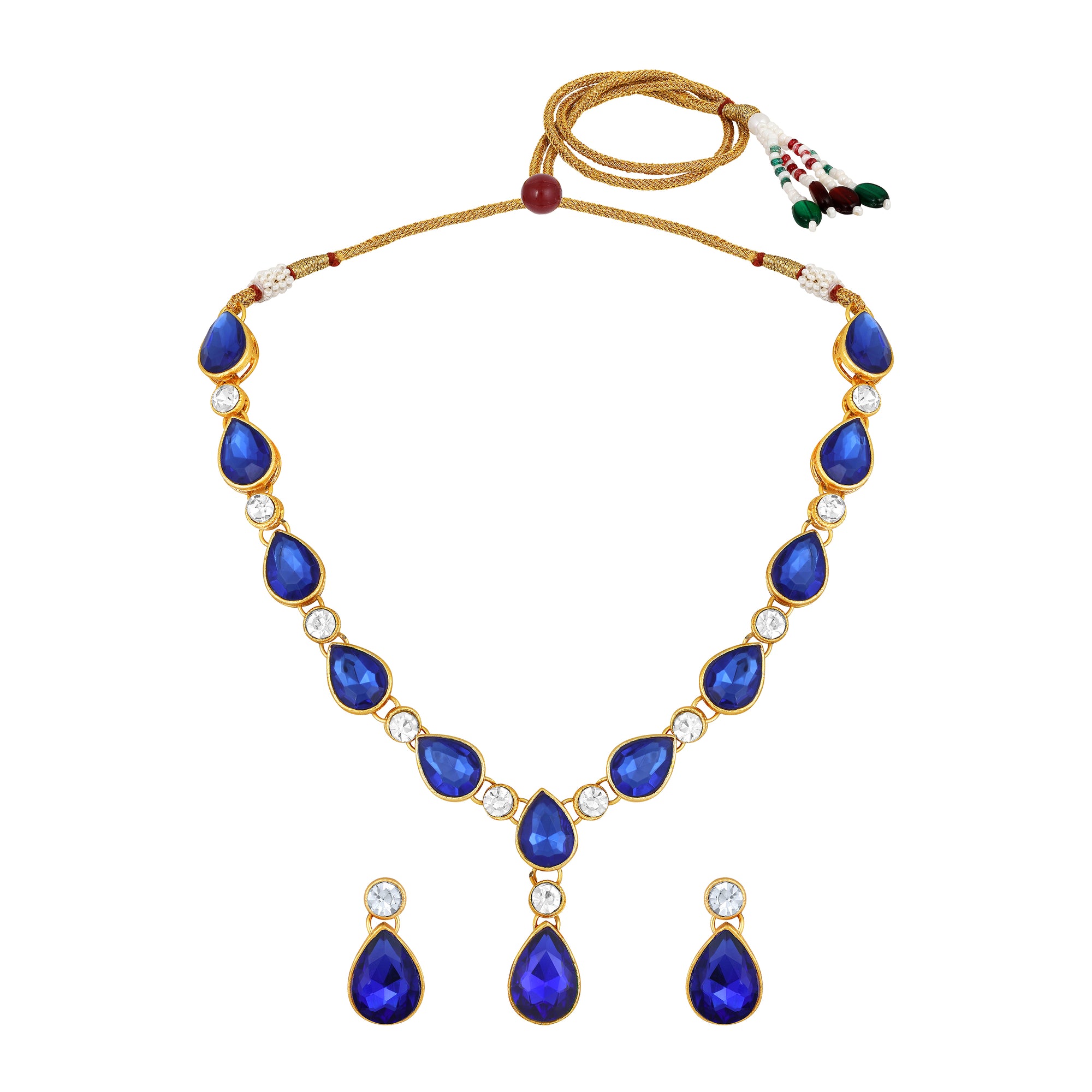 Green and White Ethnic Necklace with Pair of Earrings