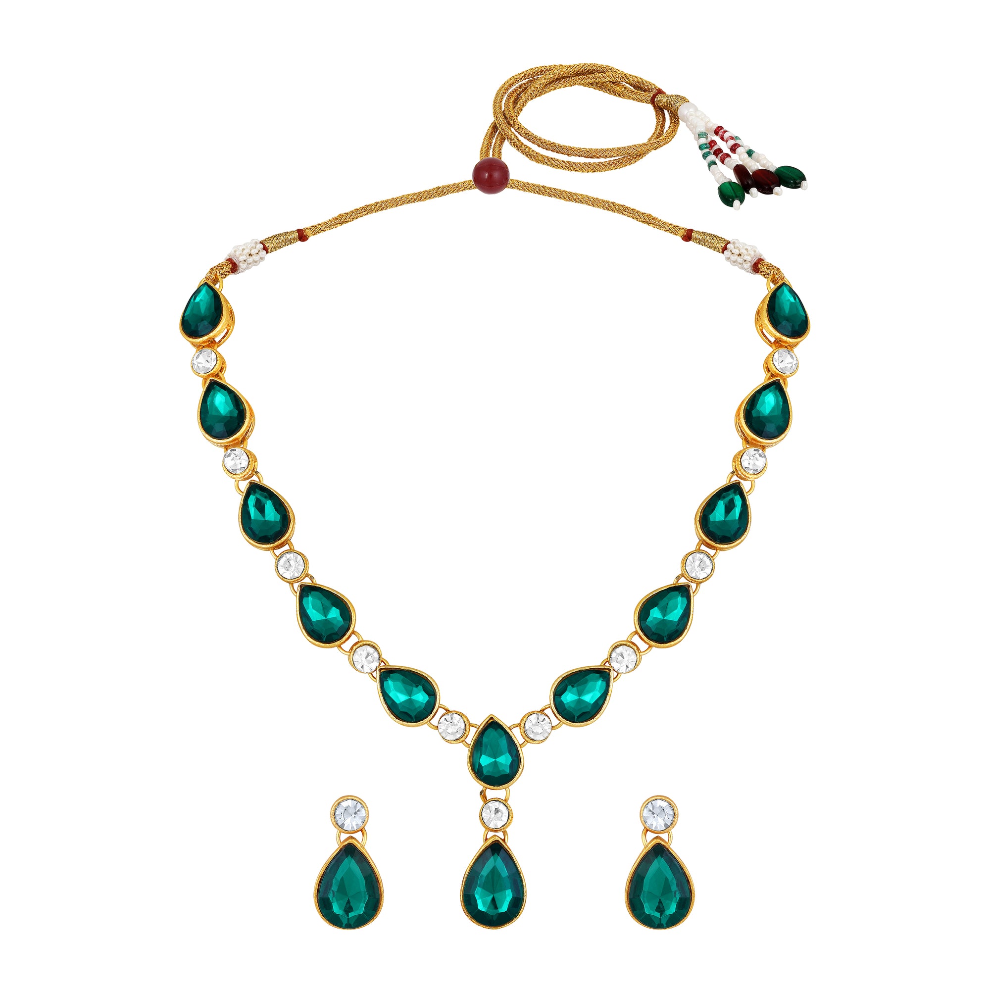 Green and White Ethnic Necklace with Pair of Earrings