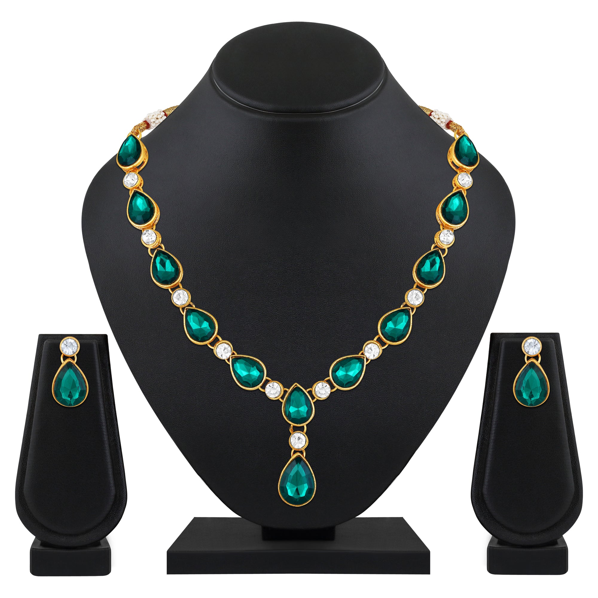 Green and White Ethnic Necklace with Pair of Earrings