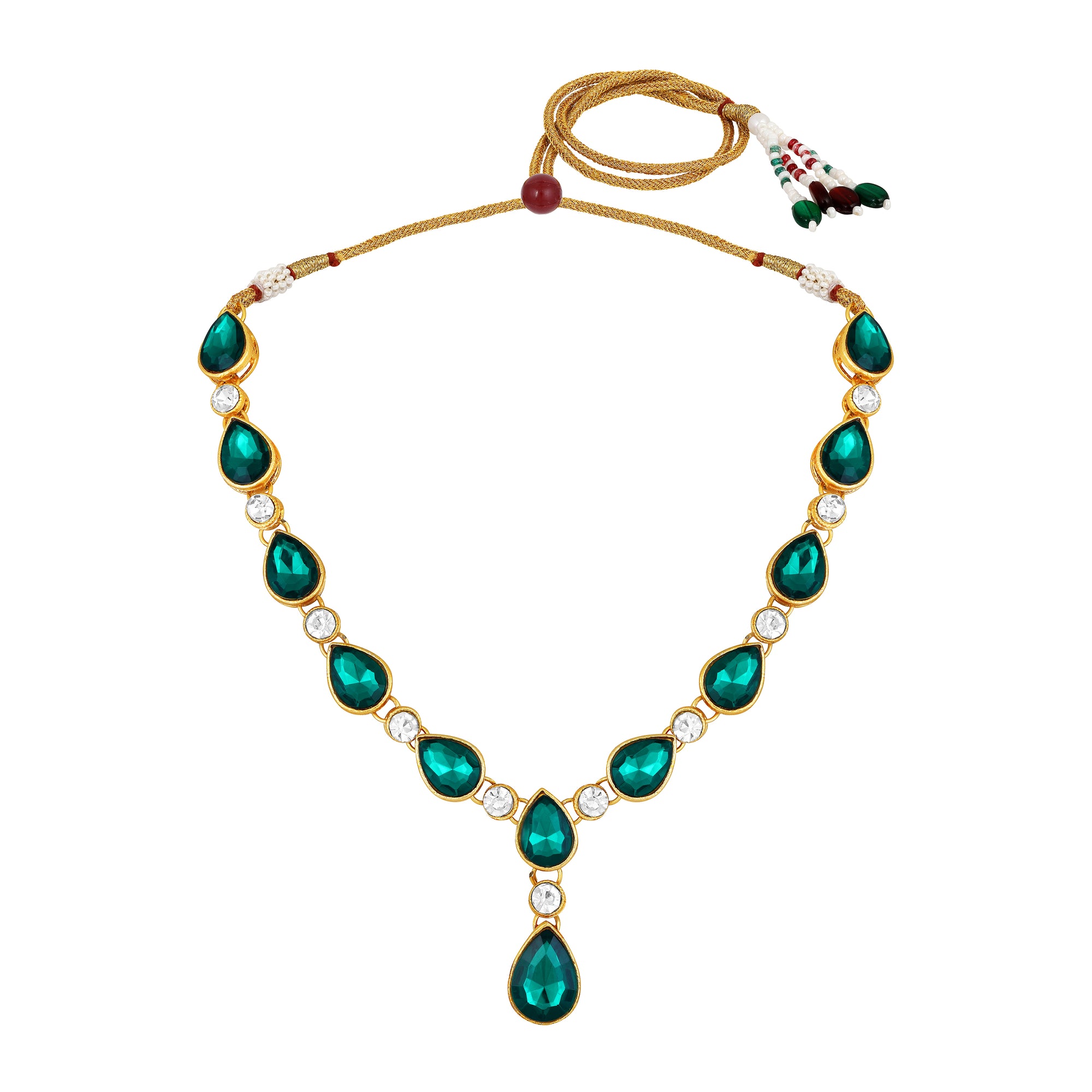 Green and White Ethnic Necklace with Pair of Earrings