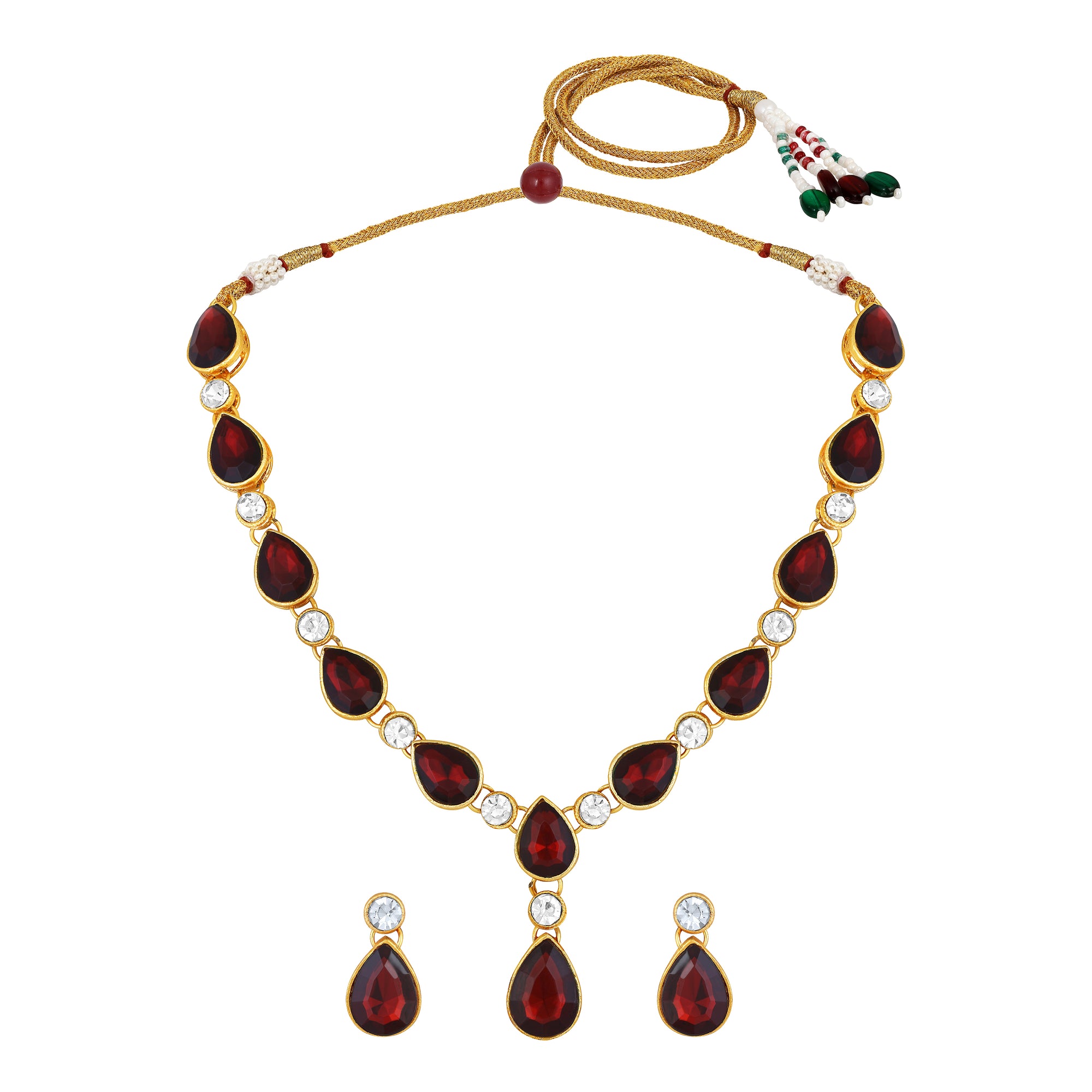 Green and White Ethnic Necklace with Pair of Earrings