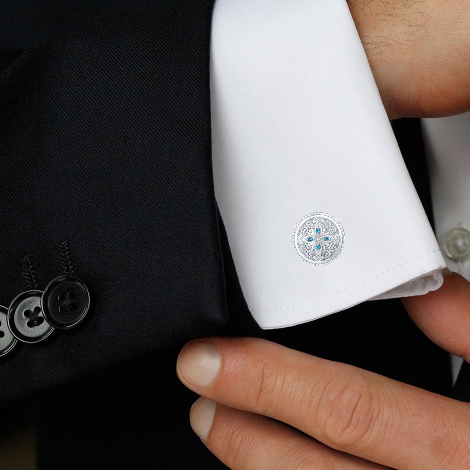 Blue Crystal Floral Cufflink