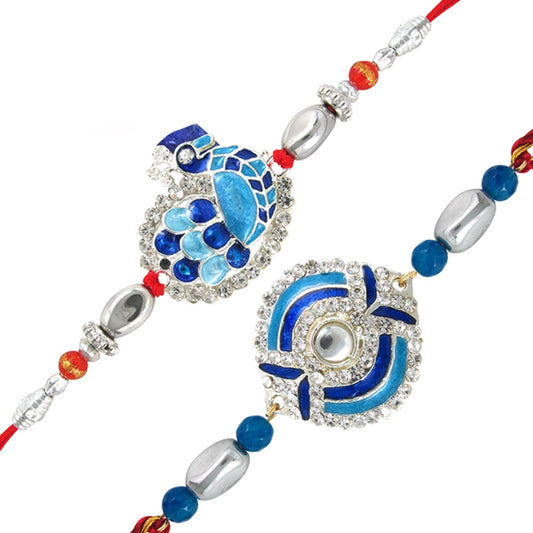 Combo of Peacock and Evil Eye Magnificient Rakhis With Crystals and Meenakari Work