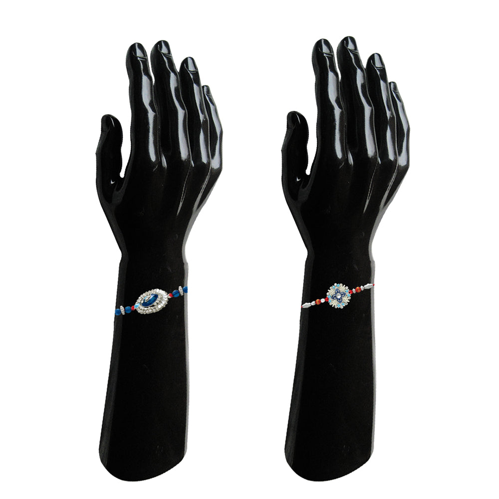 Combo of Floral and Peacock Rakhis with Pearls & Blue Meenakari Work