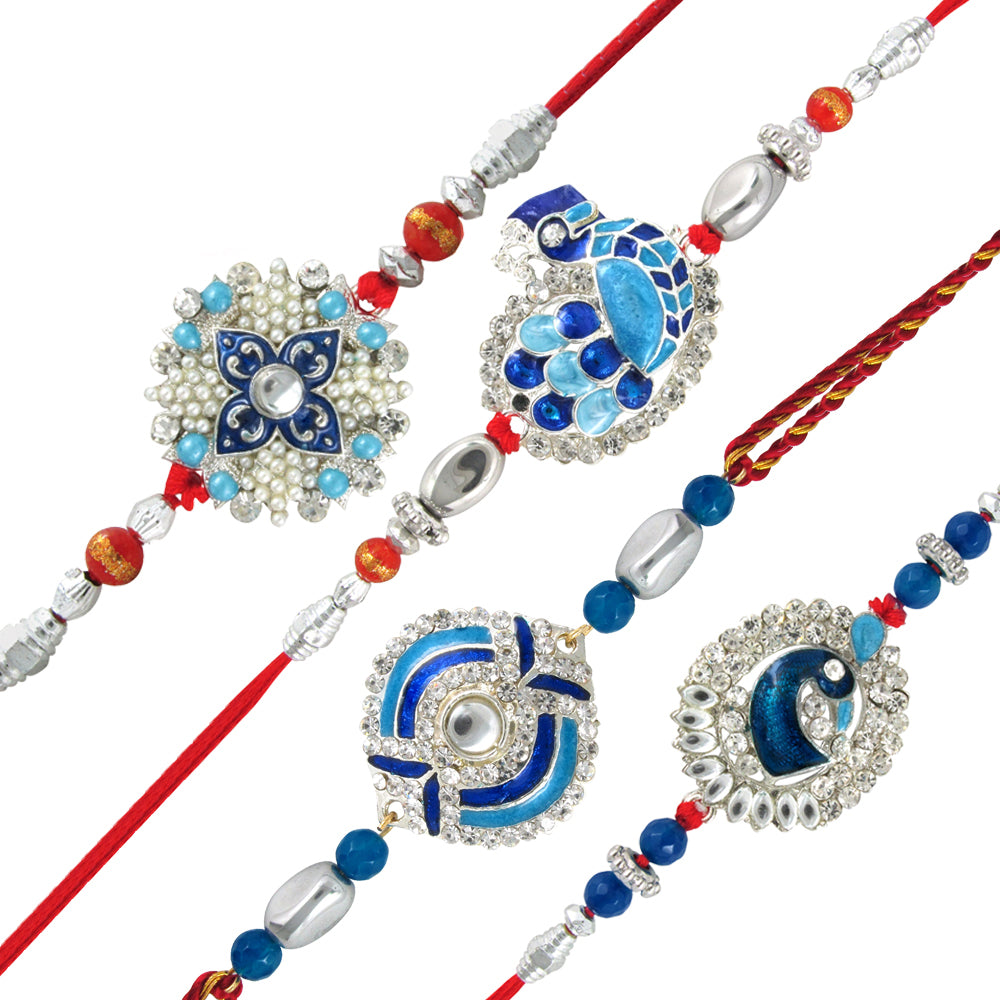 Combo of Four Meenakari Work Rakhis with Artificial Pearl and Crystal for Brothers