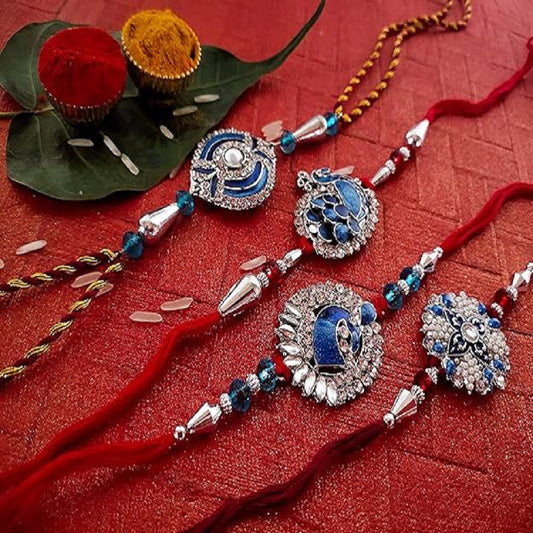 Combo of Four Meenakari Work Rakhis with Artificial Pearl and Crystal for Brothers