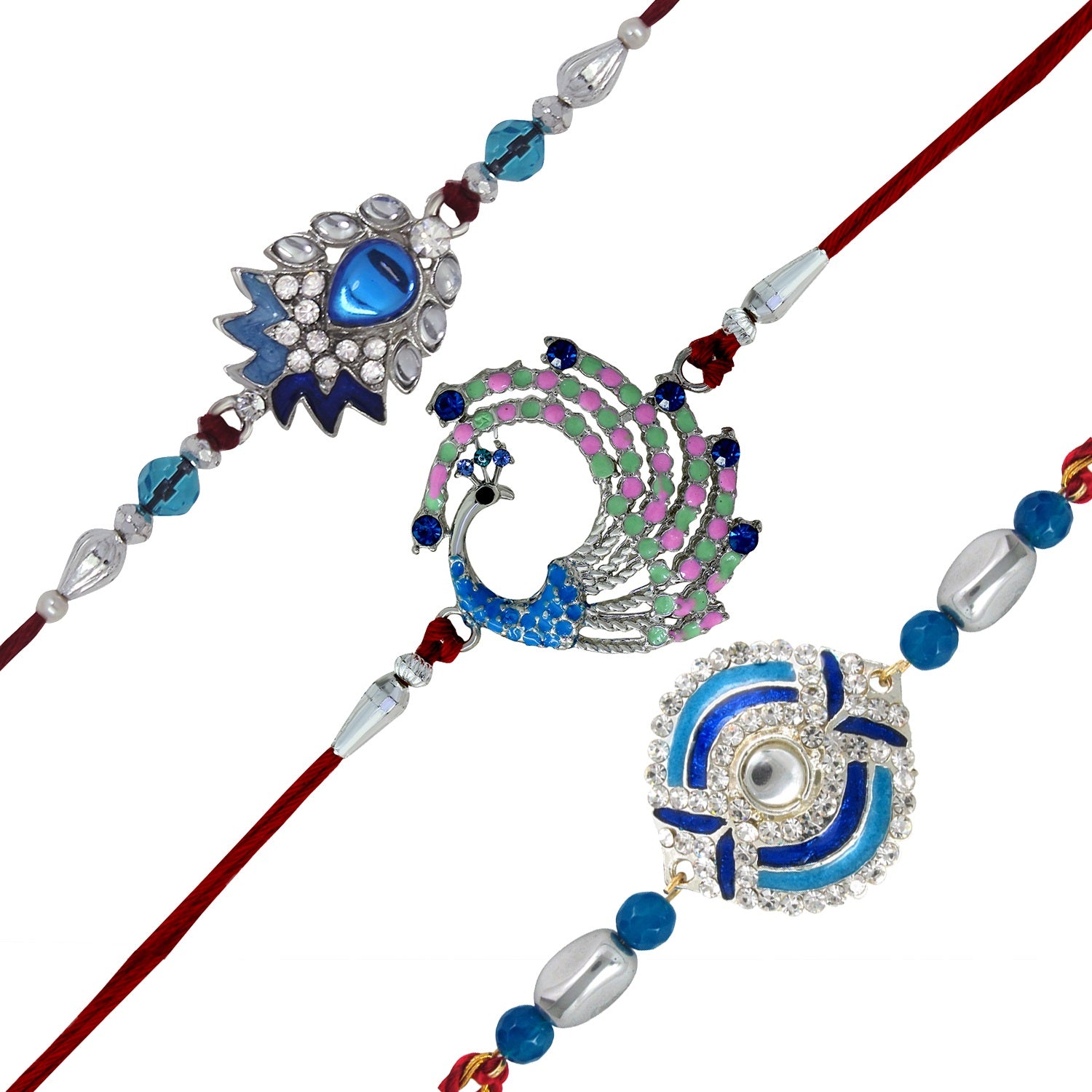 Combo of Peacock and Evil Eye Meenakari Work Rakhi