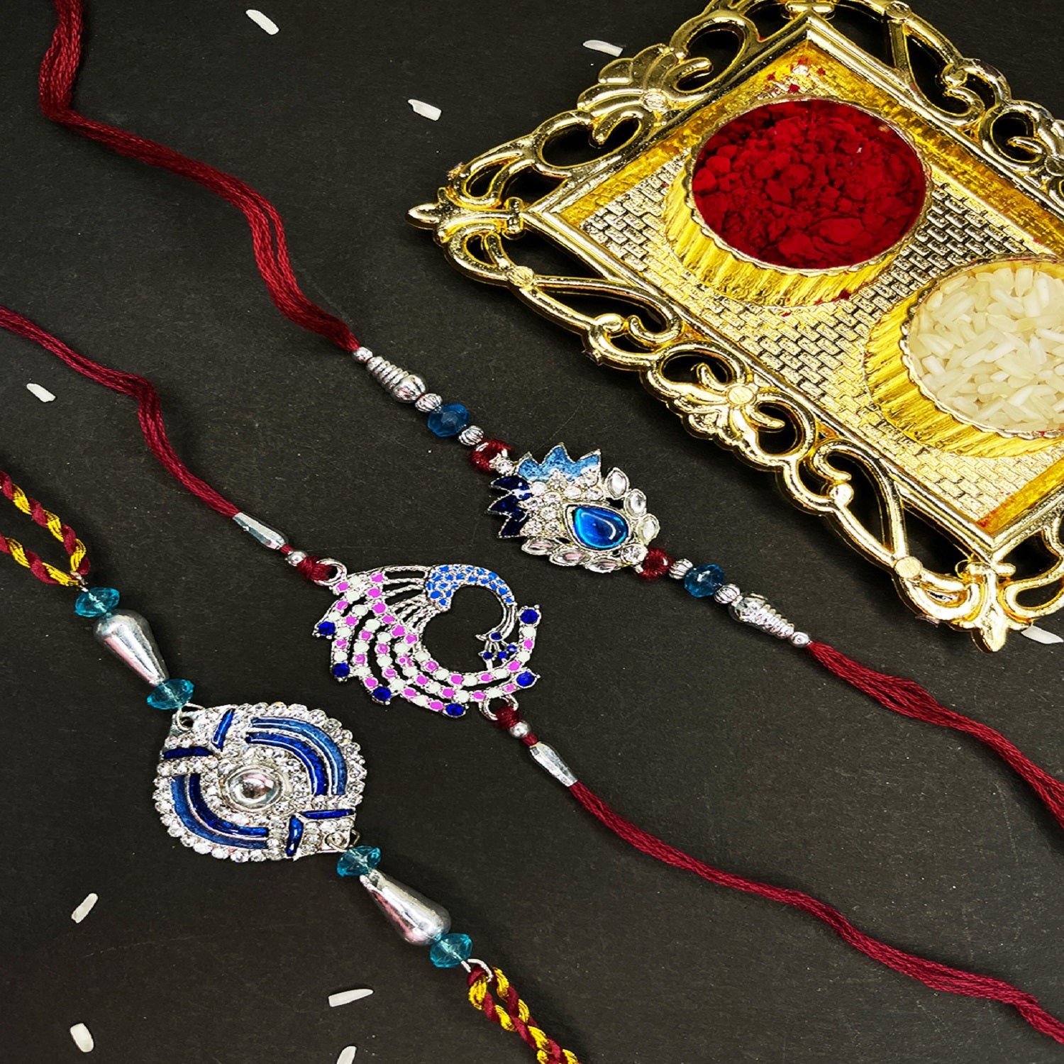 Combo of Peacock and Evil Eye Meenakari Work Rakhi