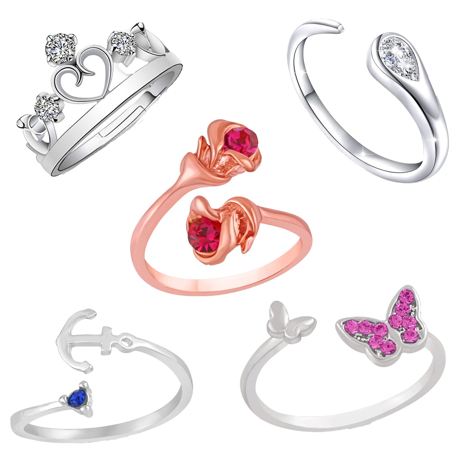 Combo of Adjustable Finger Ring with Cubic Zirconia and Crystal