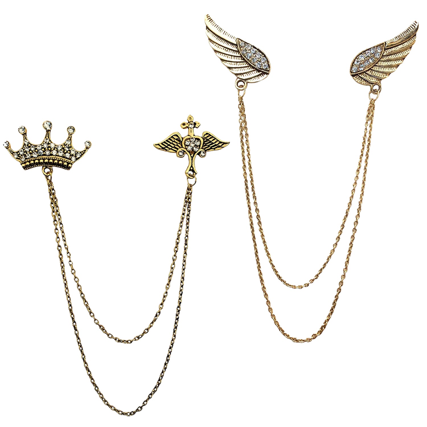 Combo of Crown and Wings Chain Brooch with Crystals