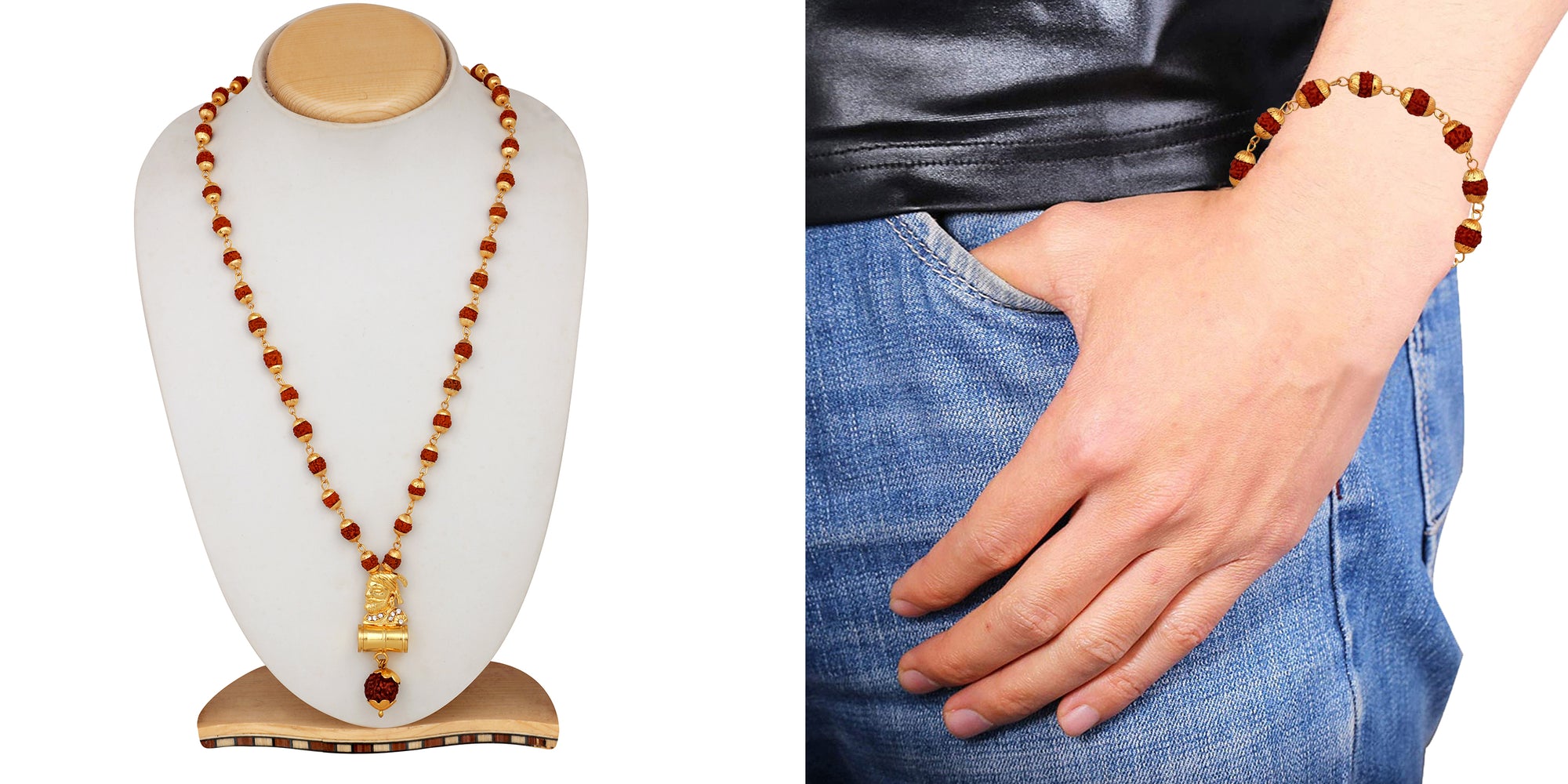 Combo of Bracelet and Chhatrapati Shivaji Maharaj Shiva Damru Pendant with 24 Inch Rudraksha Mala