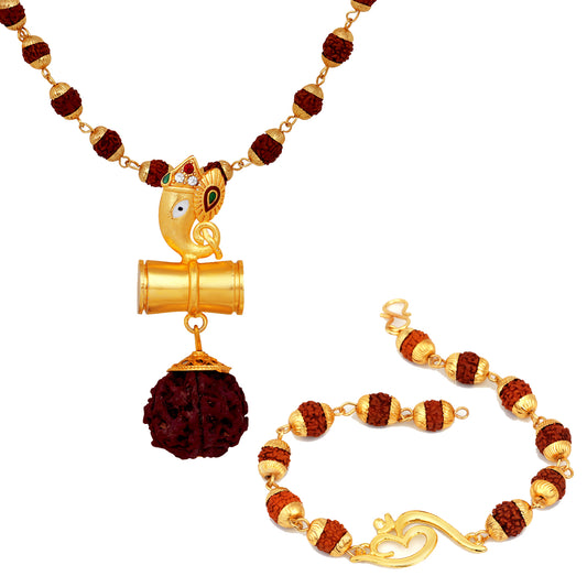 Combo of Om Bracelet and Shivji Damru Ganesha Pendant with 24 Inch Rudraksha Mala